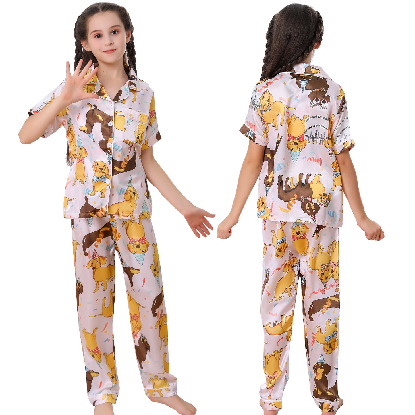 Girl's  Satin Pajama Set Short Top Classic Sleepwear with long pants-KJ509T-130