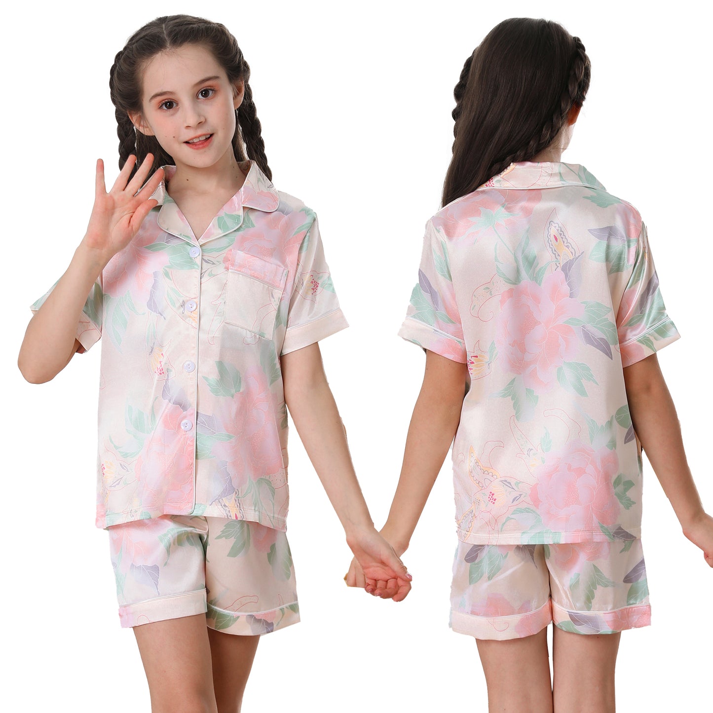 Girl's  Satin Pajama Set Short Top Classic Sleepwear with Short pants-KJ408T-130