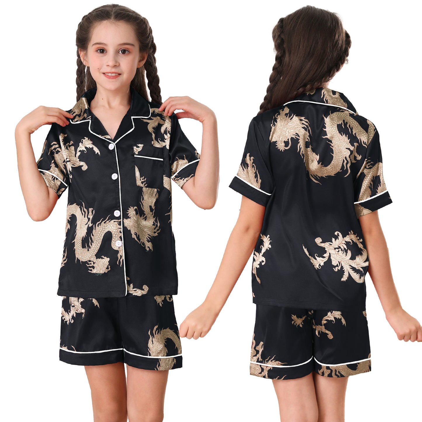 children's Satin Pajamas Set Short Sleeve & Short pants Sleepwear with Pockets-KJ411T-130