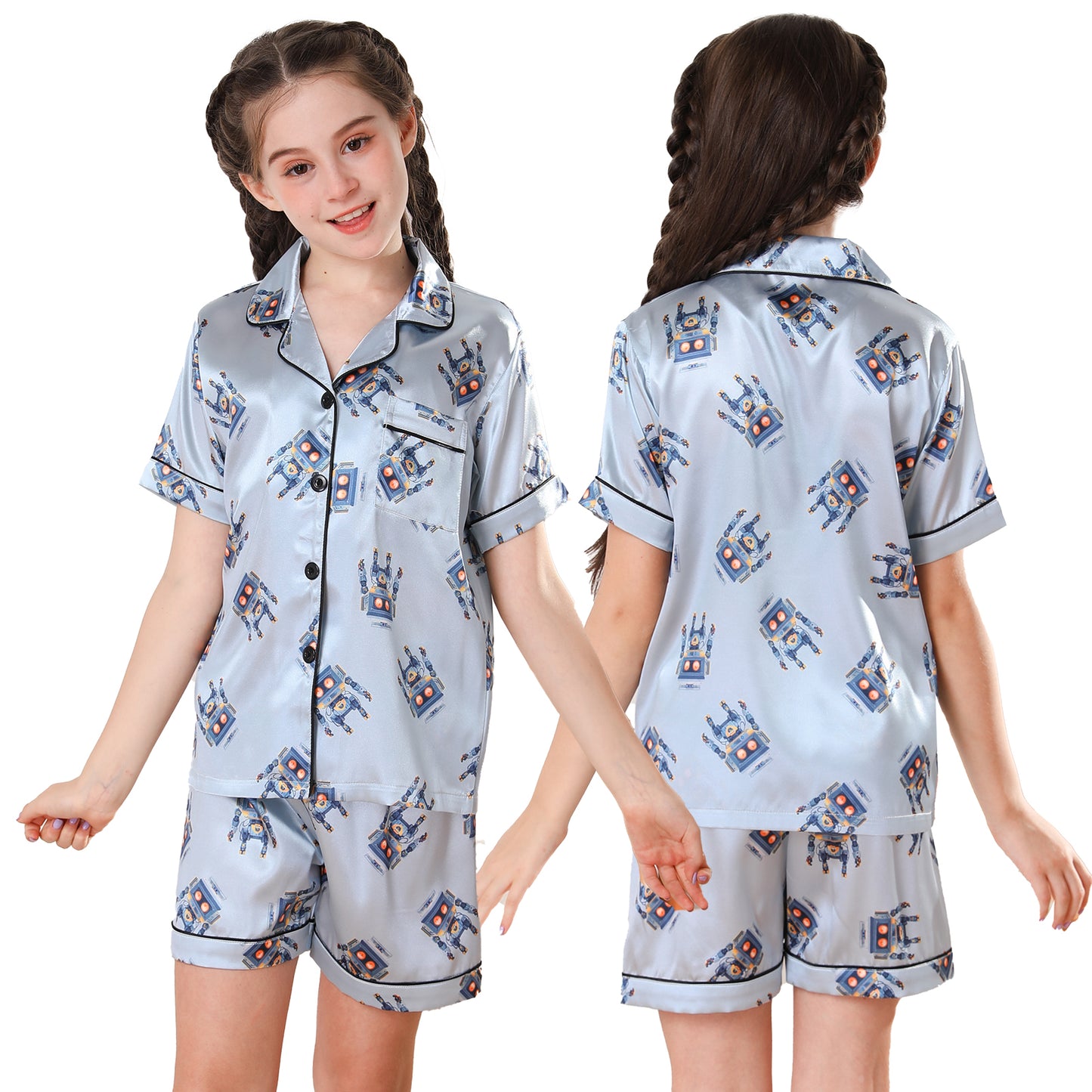 Girl's  Satin Pajama Set Short Top Classic Sleepwear with Short pants-KJ455T-130