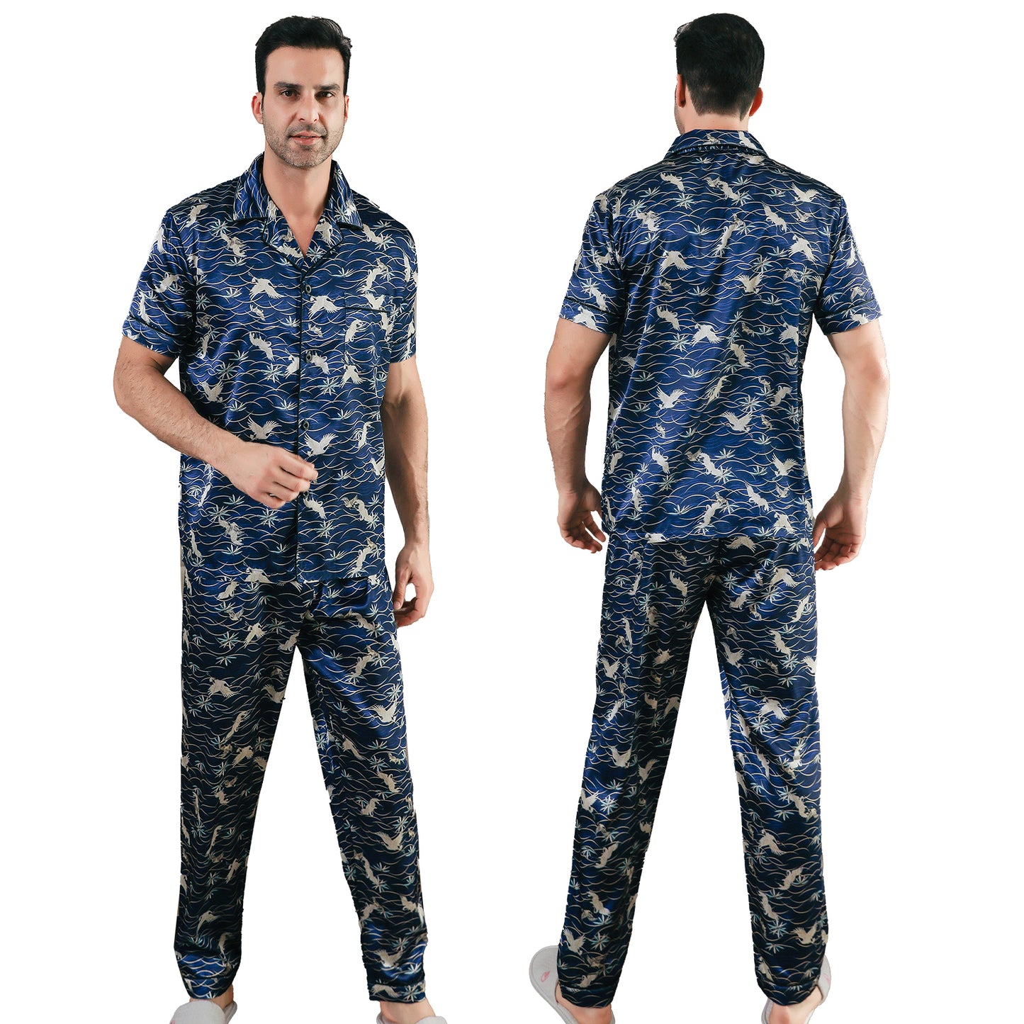 Men's Classic Silk Pajama Set Short Top & Long Pants Button Loungewear-KJ5045-M