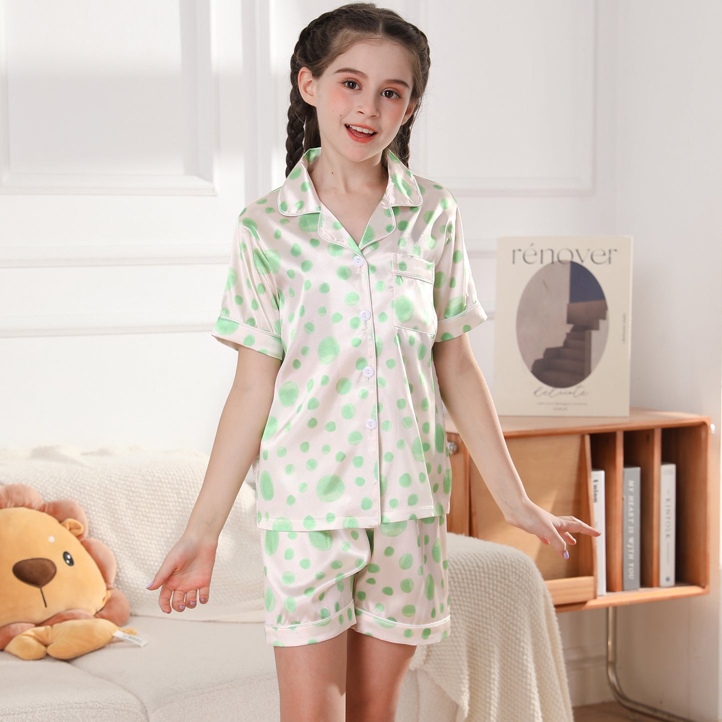 Girl's  Satin Pajama Set Short Top Classic Sleepwear with Short pants-KJ453T-130