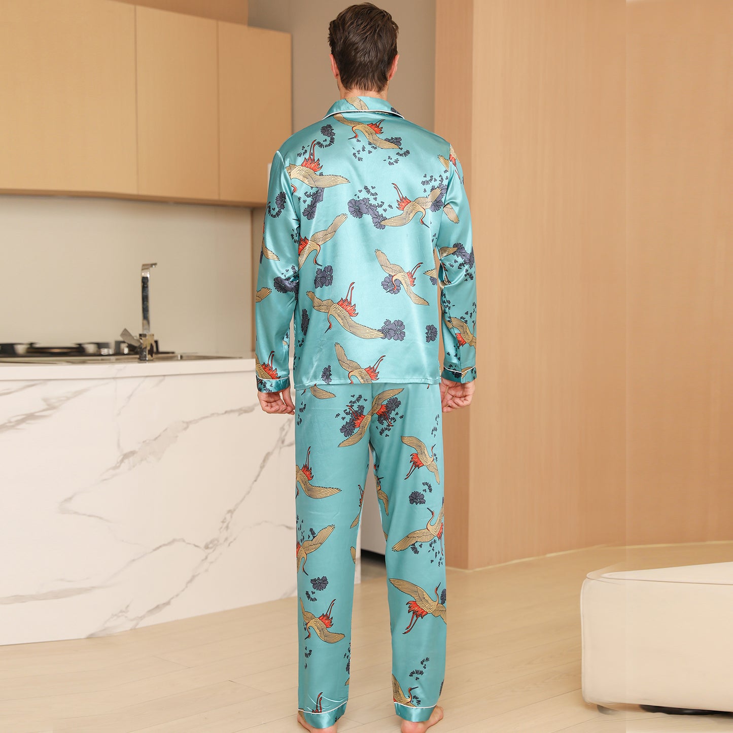 Men Satin Pajamas Set Long Sleeve & Long Pants Sleepwear with Pockets-KJ2035-M