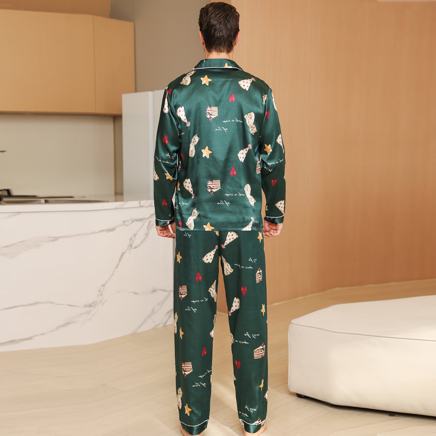 Men Satin Pajamas Set Long Sleeve & Long Pants Sleepwear with Pockets-KJ2036-M