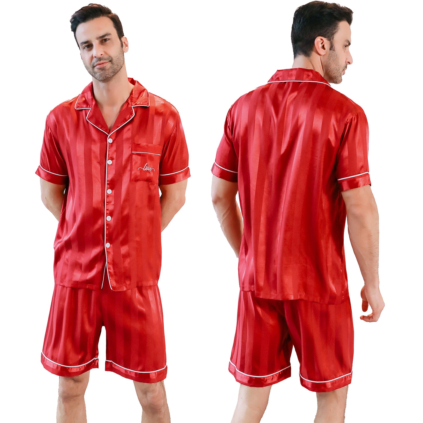 Mens Silky Pajamas Set Short Top & short pants Nightwear-KJ4005-M