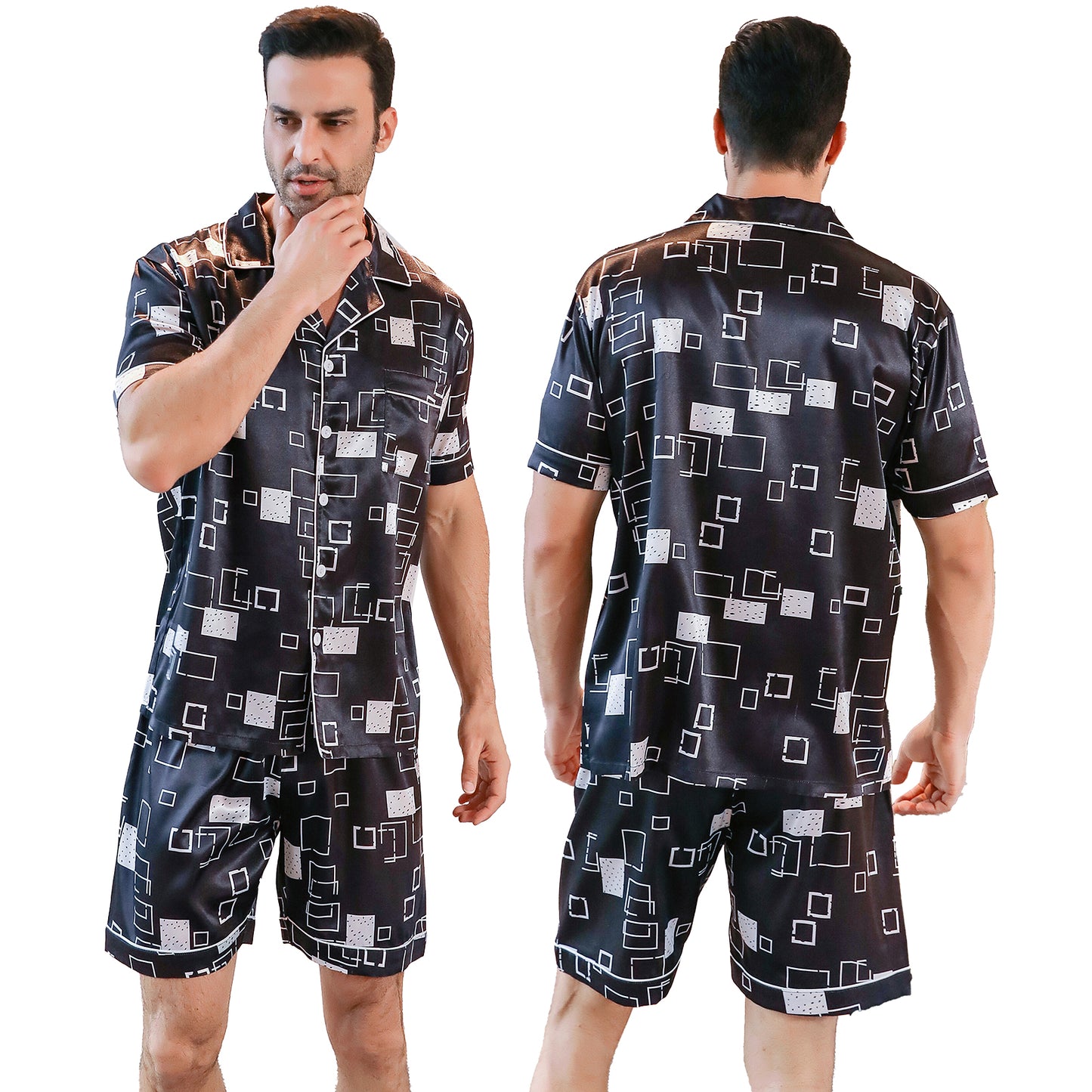 Mens Silky Pajamas Set Short Top & short pants Nightwear-KJ4003-M