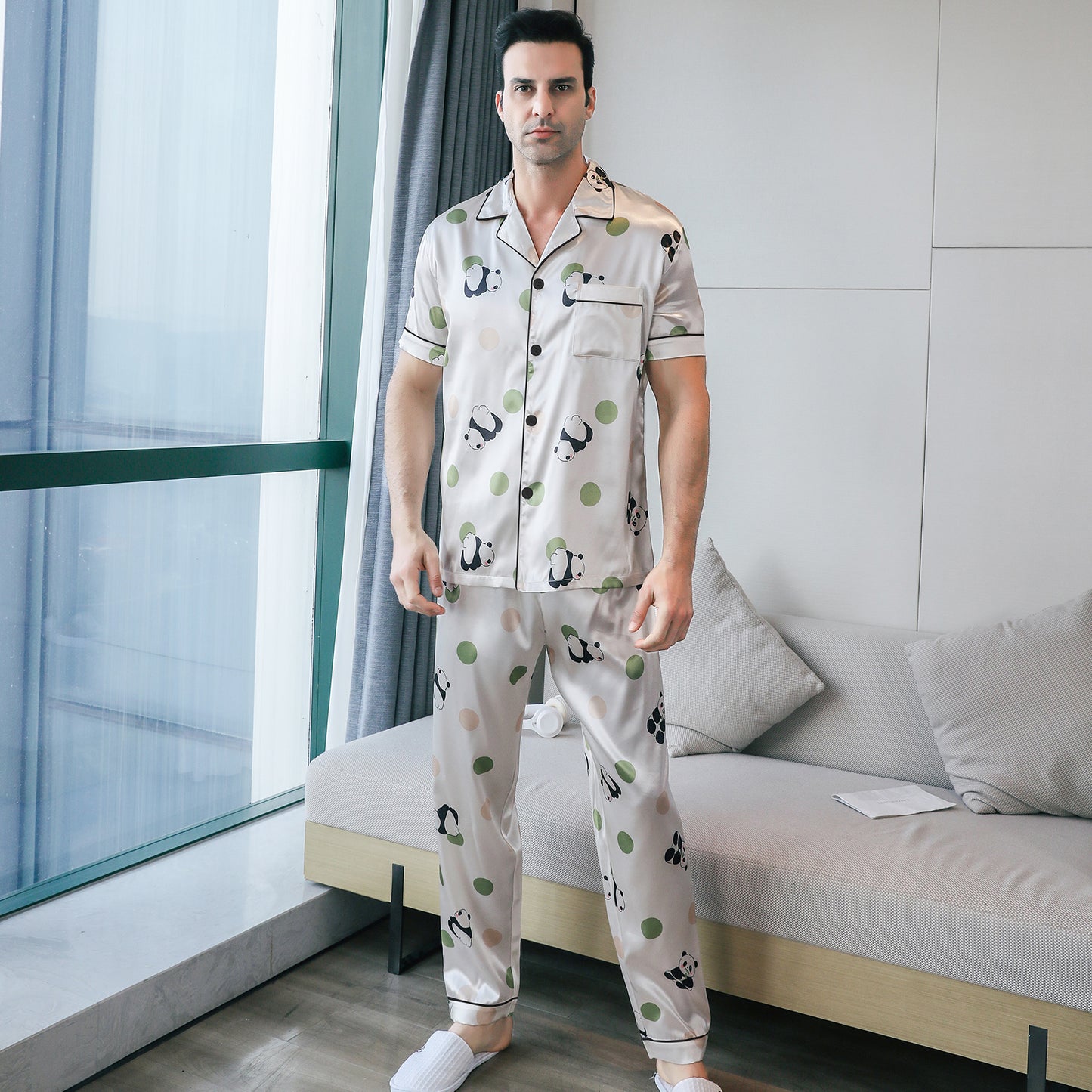 Men's Silky Satin Pajama Set Short Top Classic Sleepwear with Long Pants-KJ5011-M