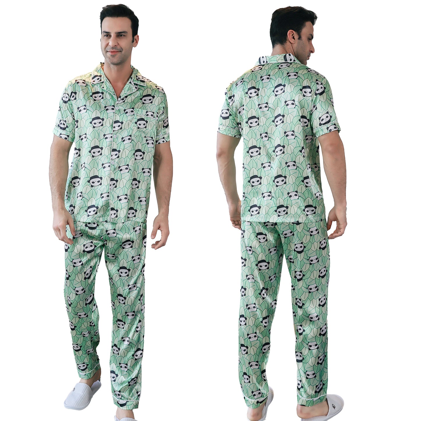 Men's Silky Satin Pajama Set Short Top Classic Sleepwear with Long Pants-KJ5014-M