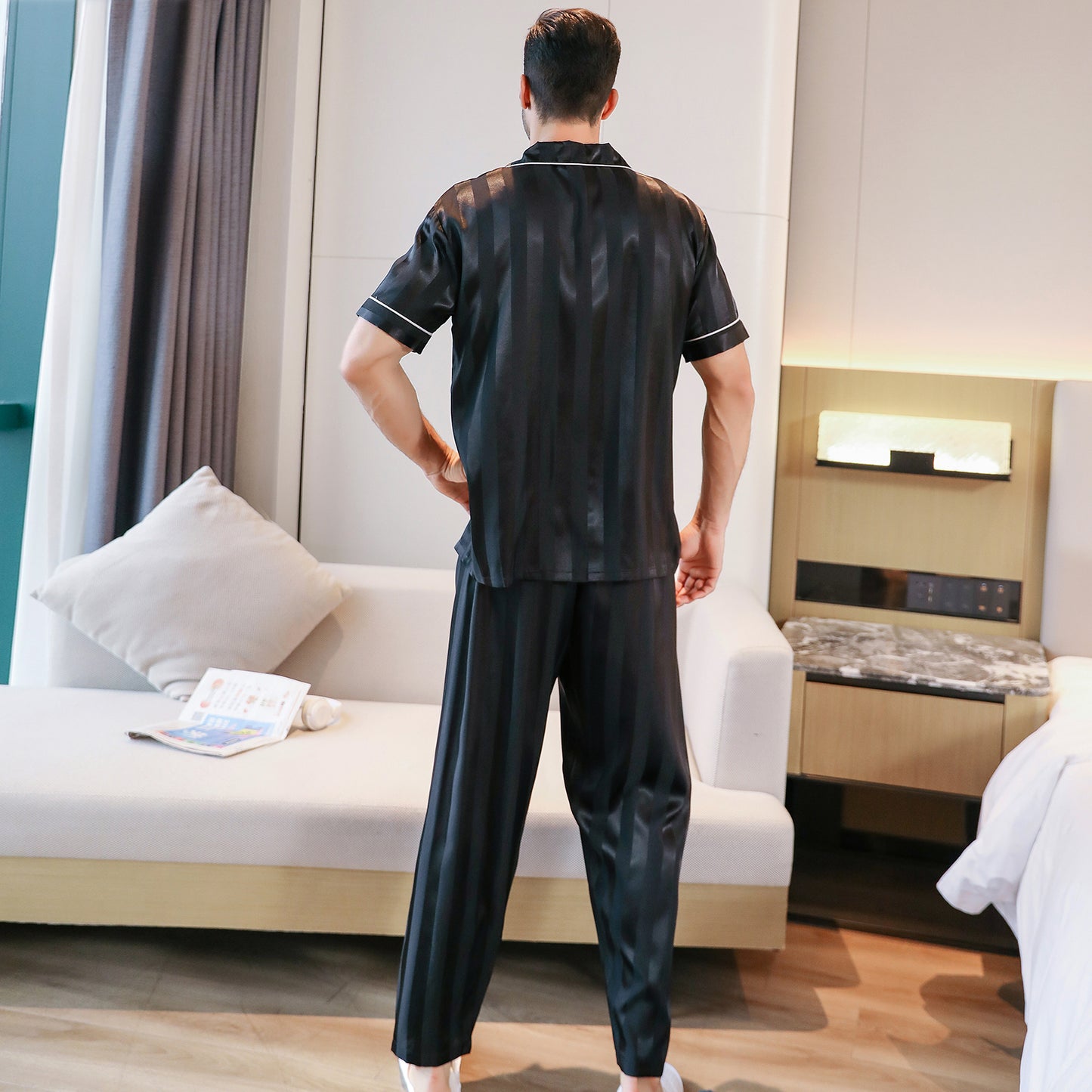 Mens Silky Pajamas Set Short Sleeve Top and Long pants Nightwear-KJ5004-M