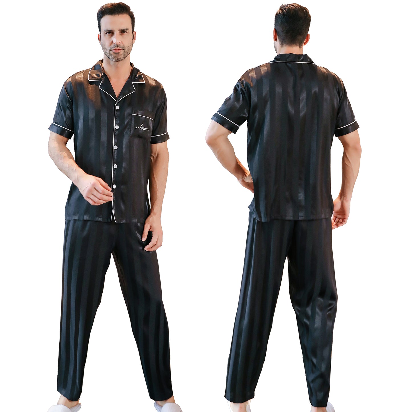 Mens Silky Pajamas Set Short Sleeve Top and Long pants Nightwear-KJ5004-M