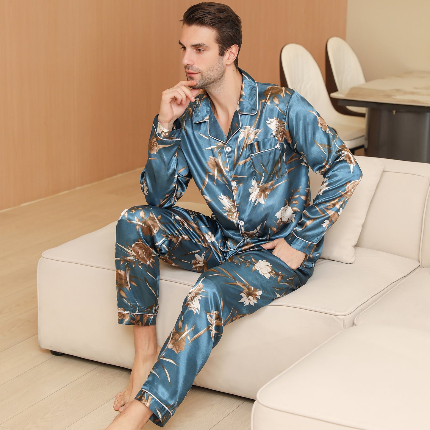 Men Satin Pajamas Set Long Sleeve & Long Pants Sleepwear with Pockets-KJ2034-M