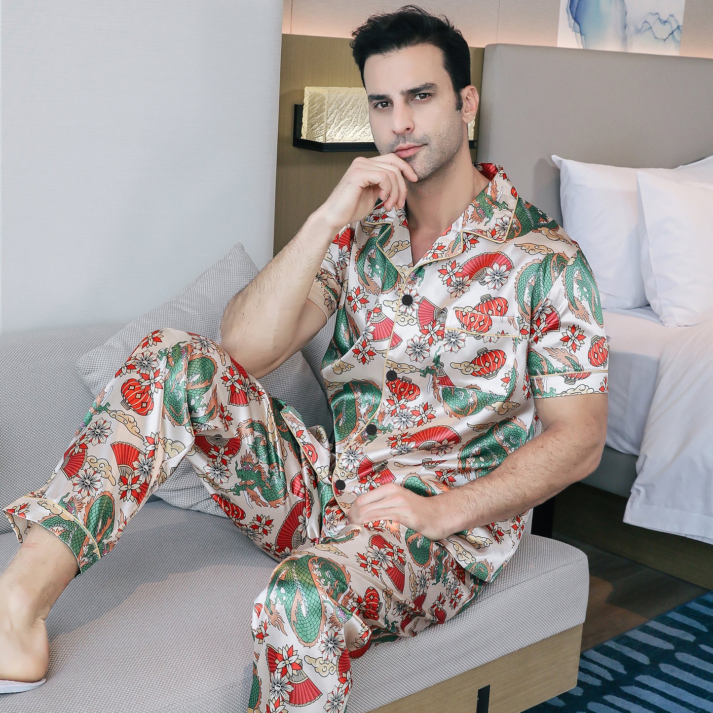 Mens Silky Pajamas Set Short Sleeve Top and Long pants Nightwear-KJ5010-M