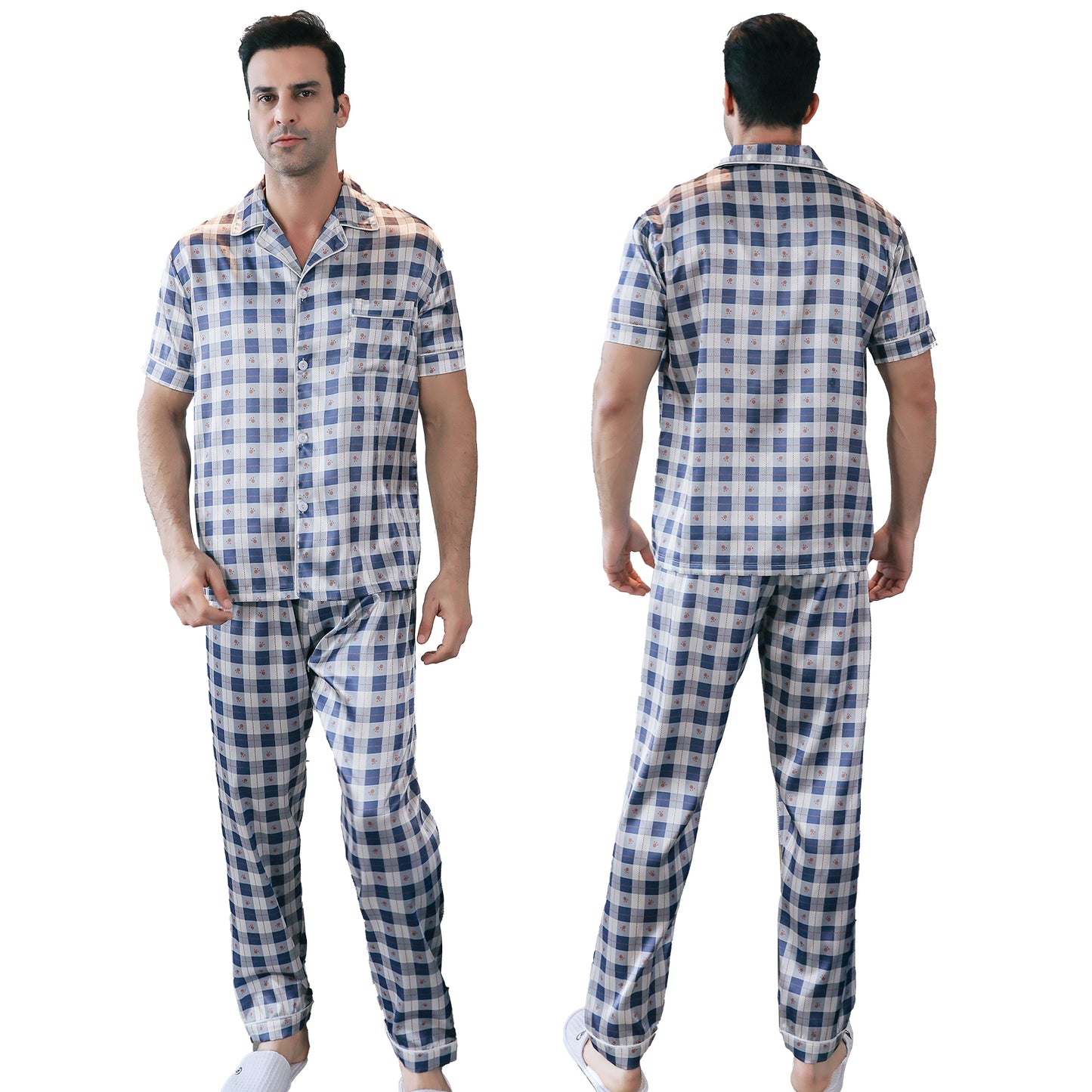 Mens Silky Pajamas Set Short Sleeve Top and Long pants Nightwear-KJ5007-M