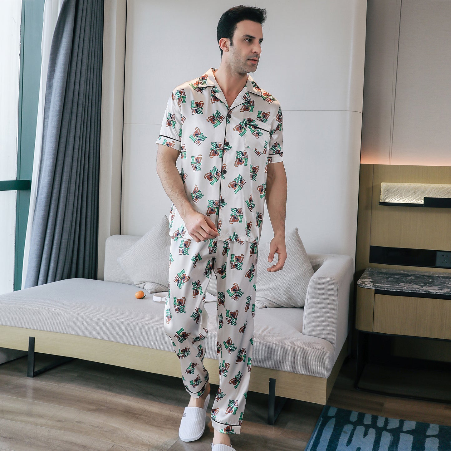 Mens Silky Pajamas Set Short Sleeve Top and Long pants Nightwear-KJ5008-M