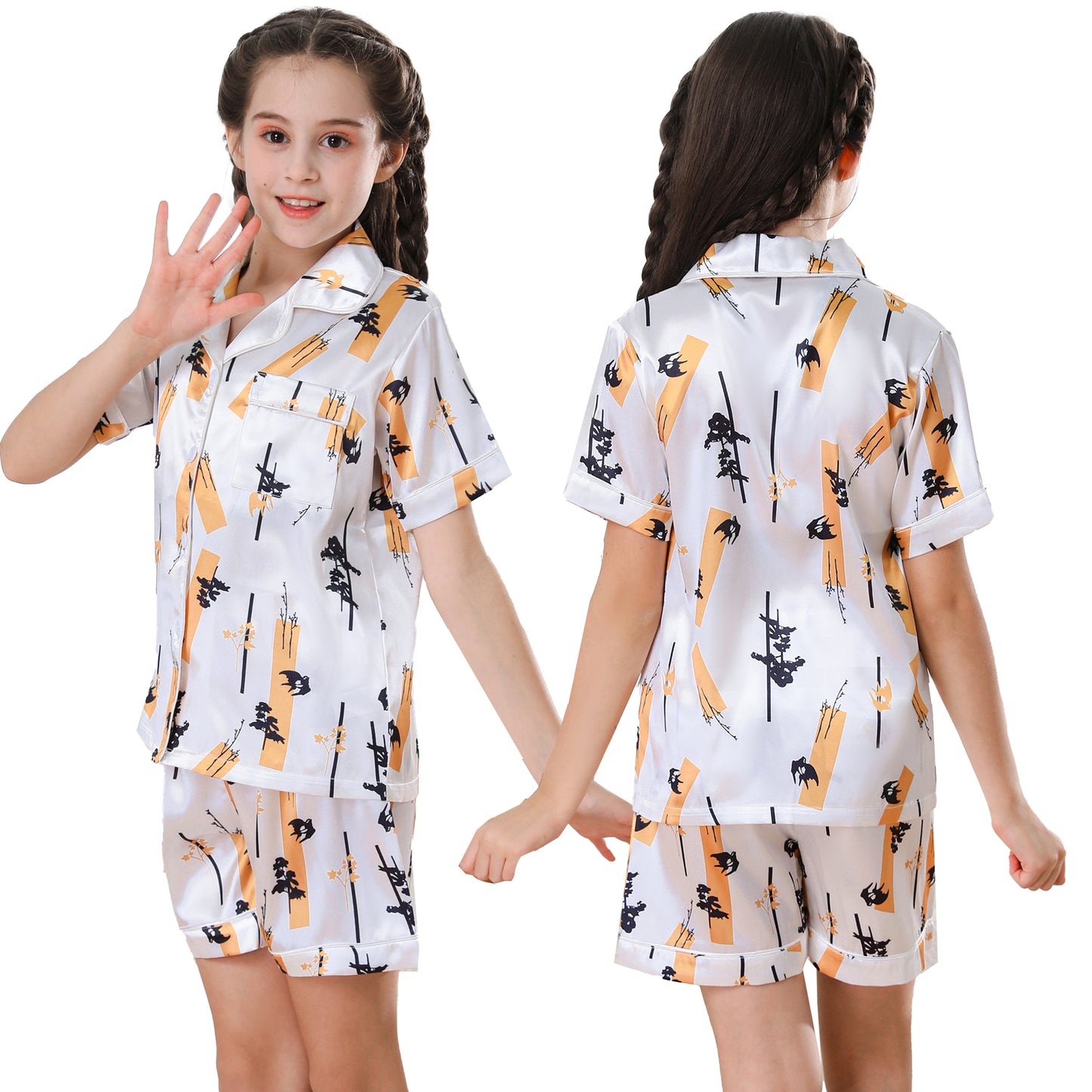 children's Satin Pajamas Set Short Sleeve & Short pants Sleepwear with Pockets-KJ426T-130