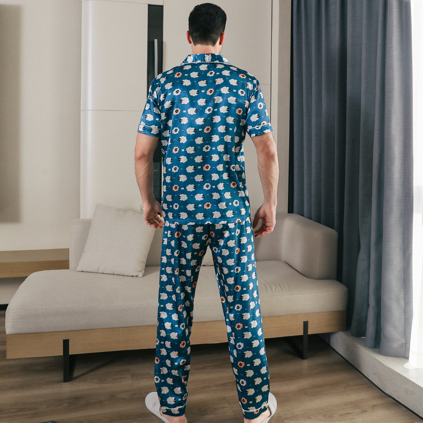 Men Satin Pajamas Set Short Sleeve & Long Pants Sleepwear with Pockets-KJ5043-M