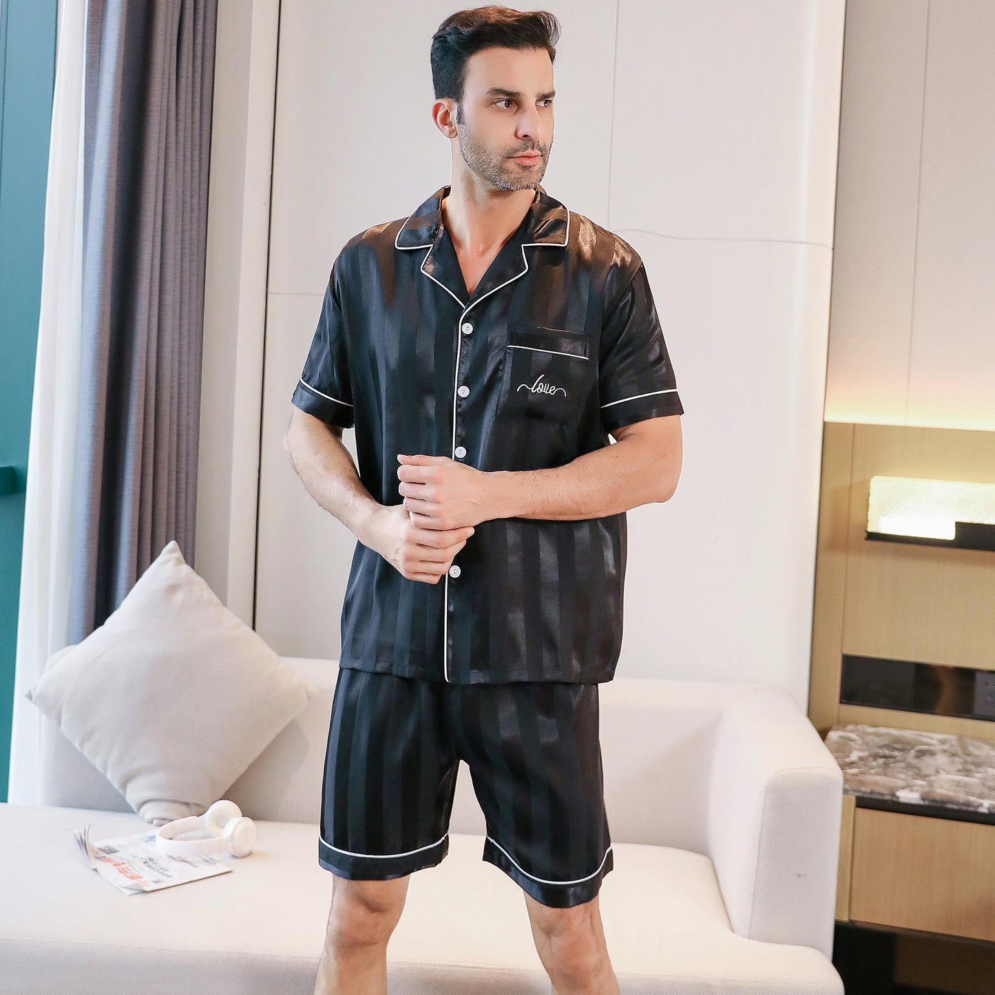 Mens Silky Pajamas Set Short Top & short pants Nightwear-KJ4004-M