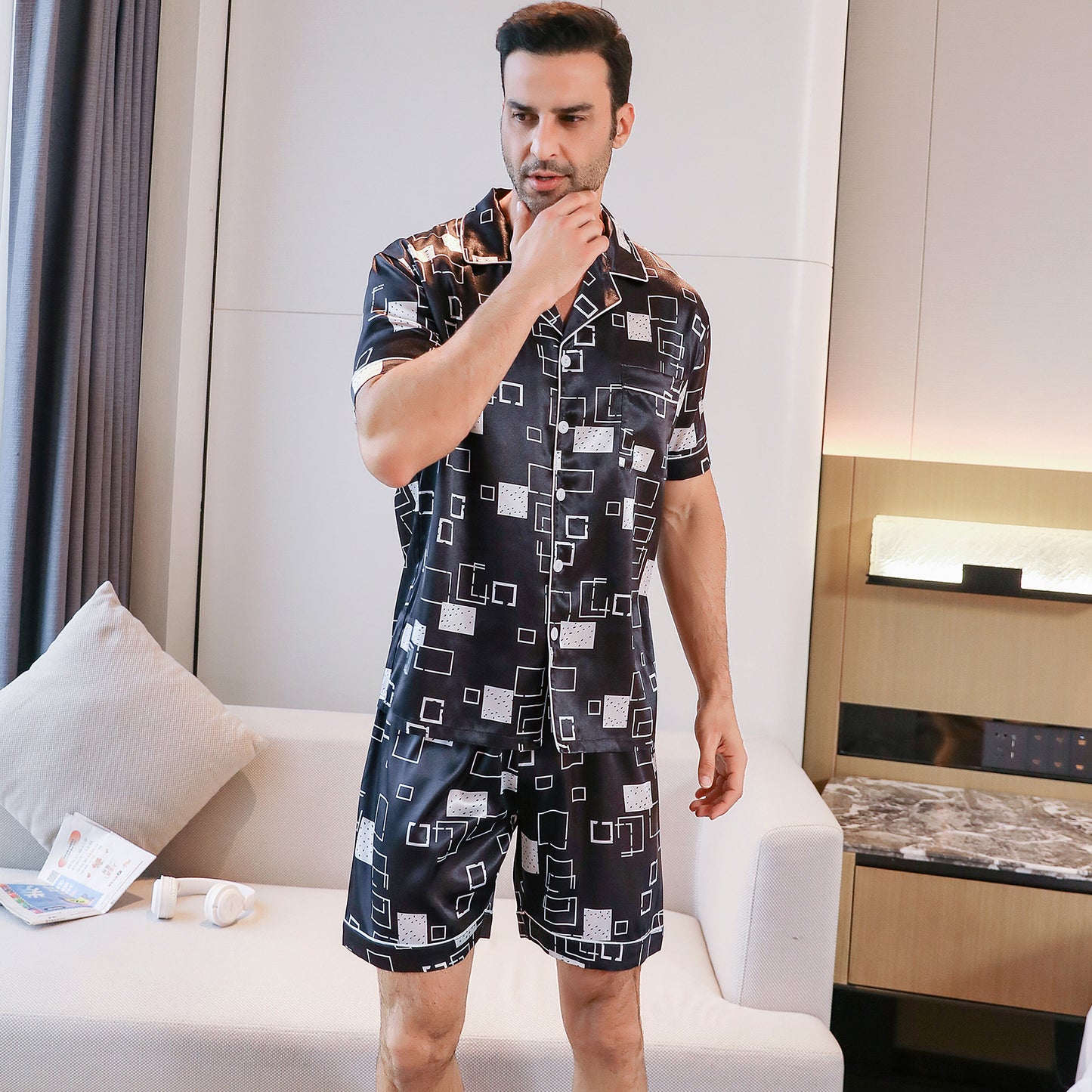 Mens Silky Pajamas Set Short Top & short pants Nightwear-KJ4003-M