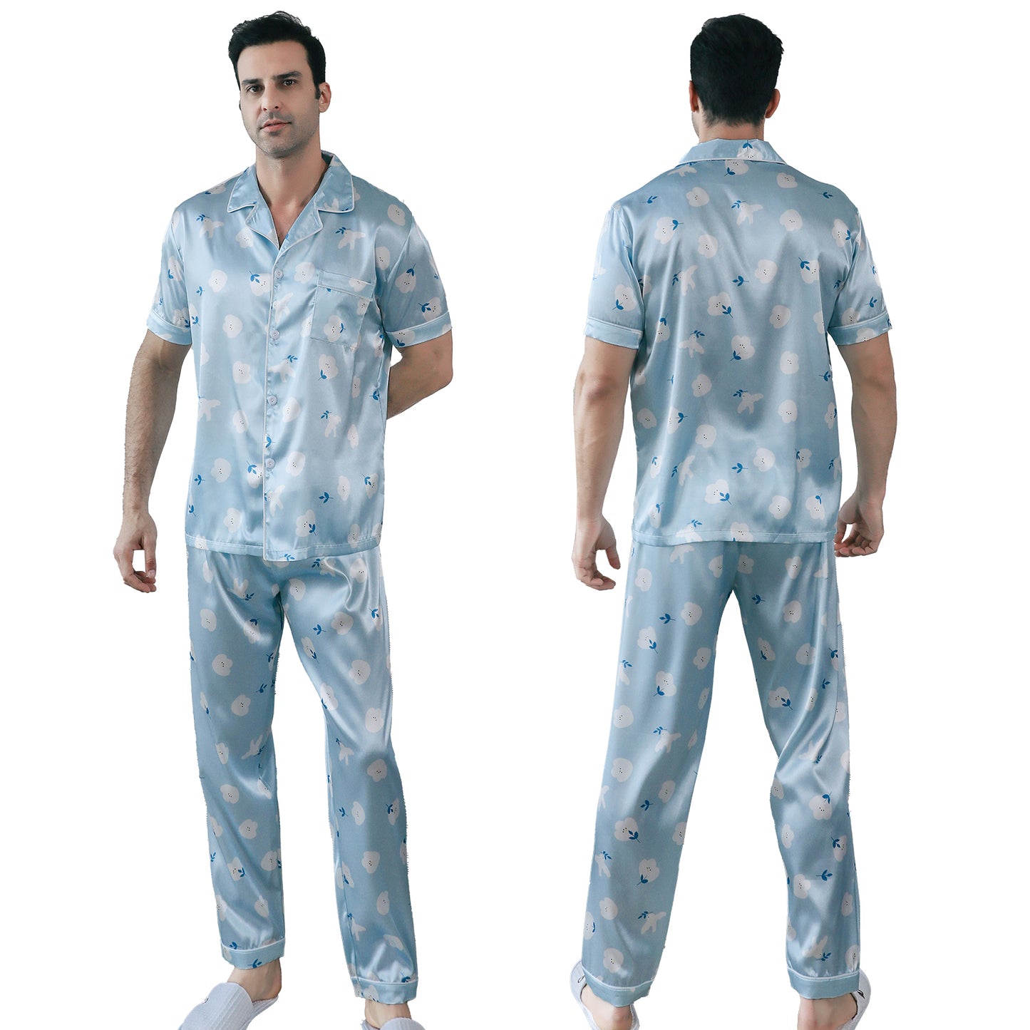 Mens Pajama Set Short Sleeve Sleepwear Silky Loungewear with Long Pants-KJ5023-M