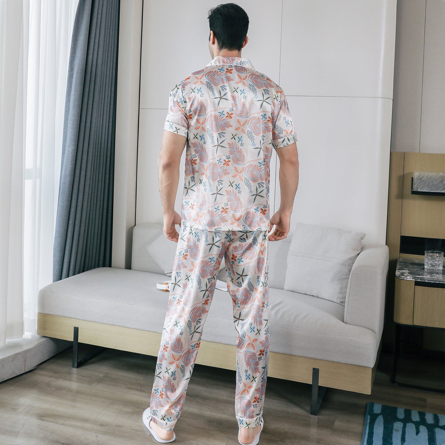 Mens Pajama Set Short Sleeve Sleepwear Silky Loungewear with Long Pants-KJ5022-M