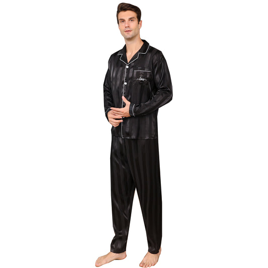 Men's Silky Satin Pajama Set Black-Stripe Long Top Classic Sleepwear with Long Pants-KJ2012-M