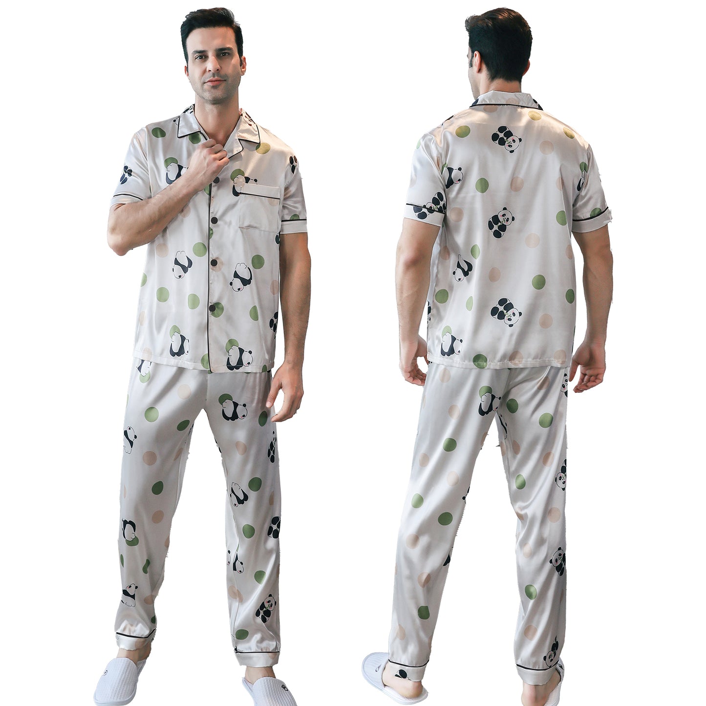 Men's Silky Satin Pajama Set Short Top Classic Sleepwear with Long Pants-KJ5011-M