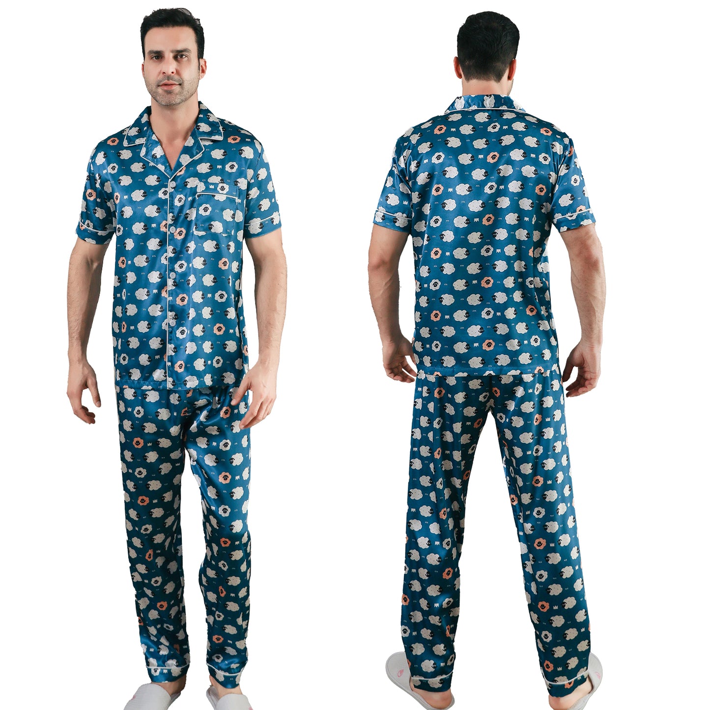 Men Satin Pajamas Set Short Sleeve & Long Pants Sleepwear with Pockets-KJ5043-M