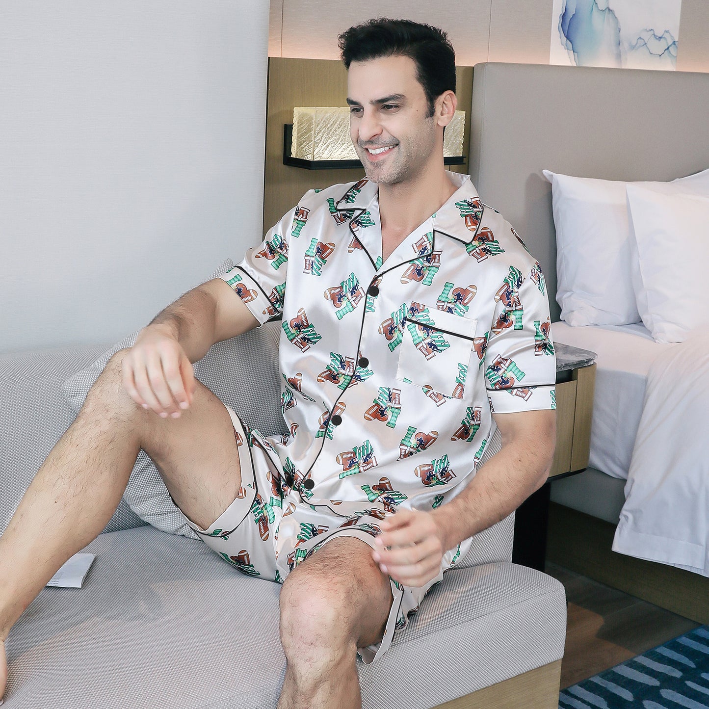 Mens Silky Pajamas Set Short Top & short pants Nightwear-KJ4008-M