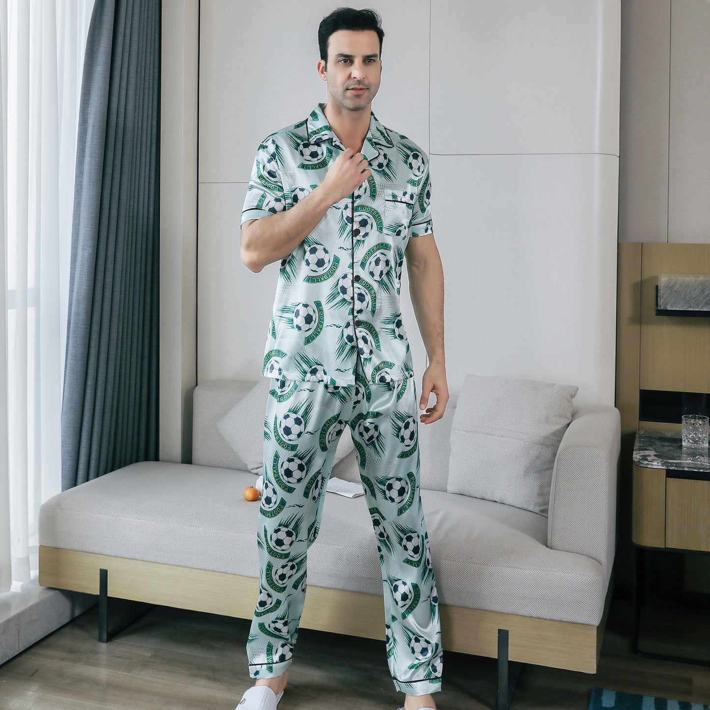 Mens Pajama Set Short Sleeve Sleepwear Silky Loungewear with Long Pants-KJ5021-M