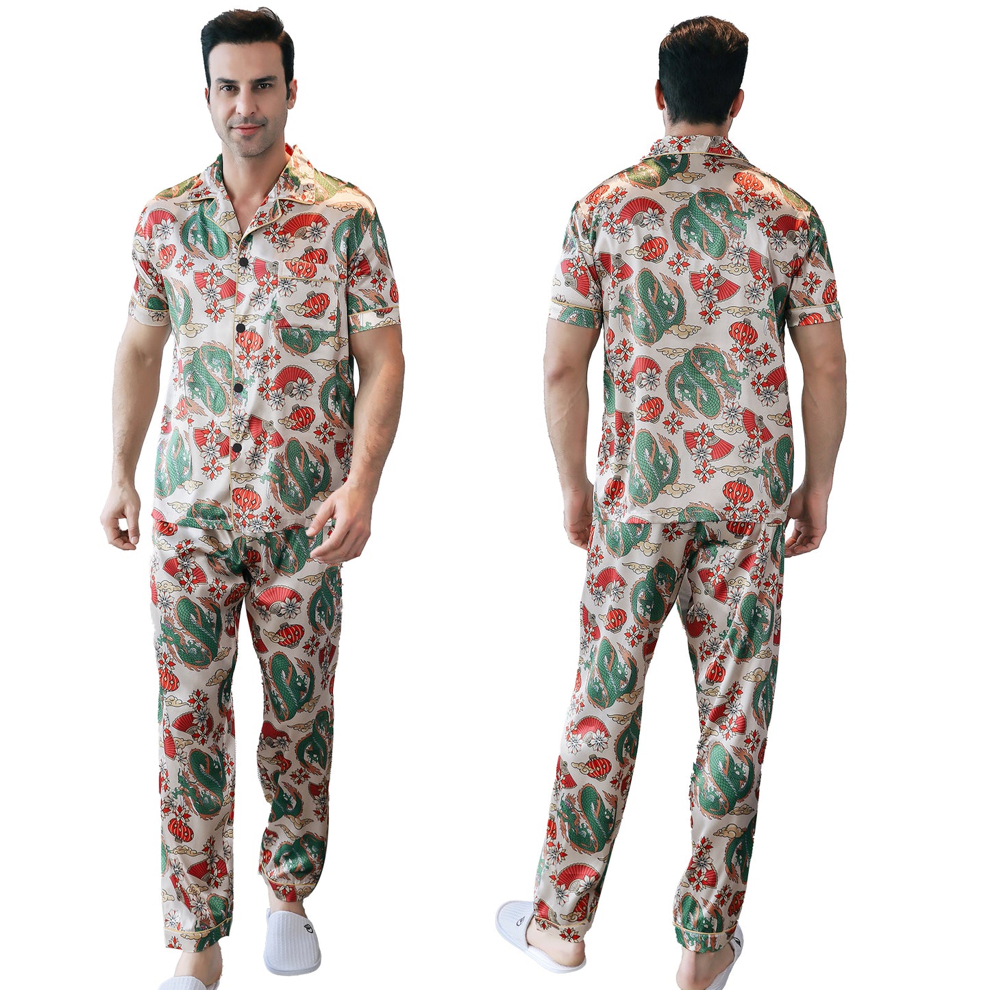 Mens Silky Pajamas Set Short Sleeve Top and Long pants Nightwear-KJ5010-M