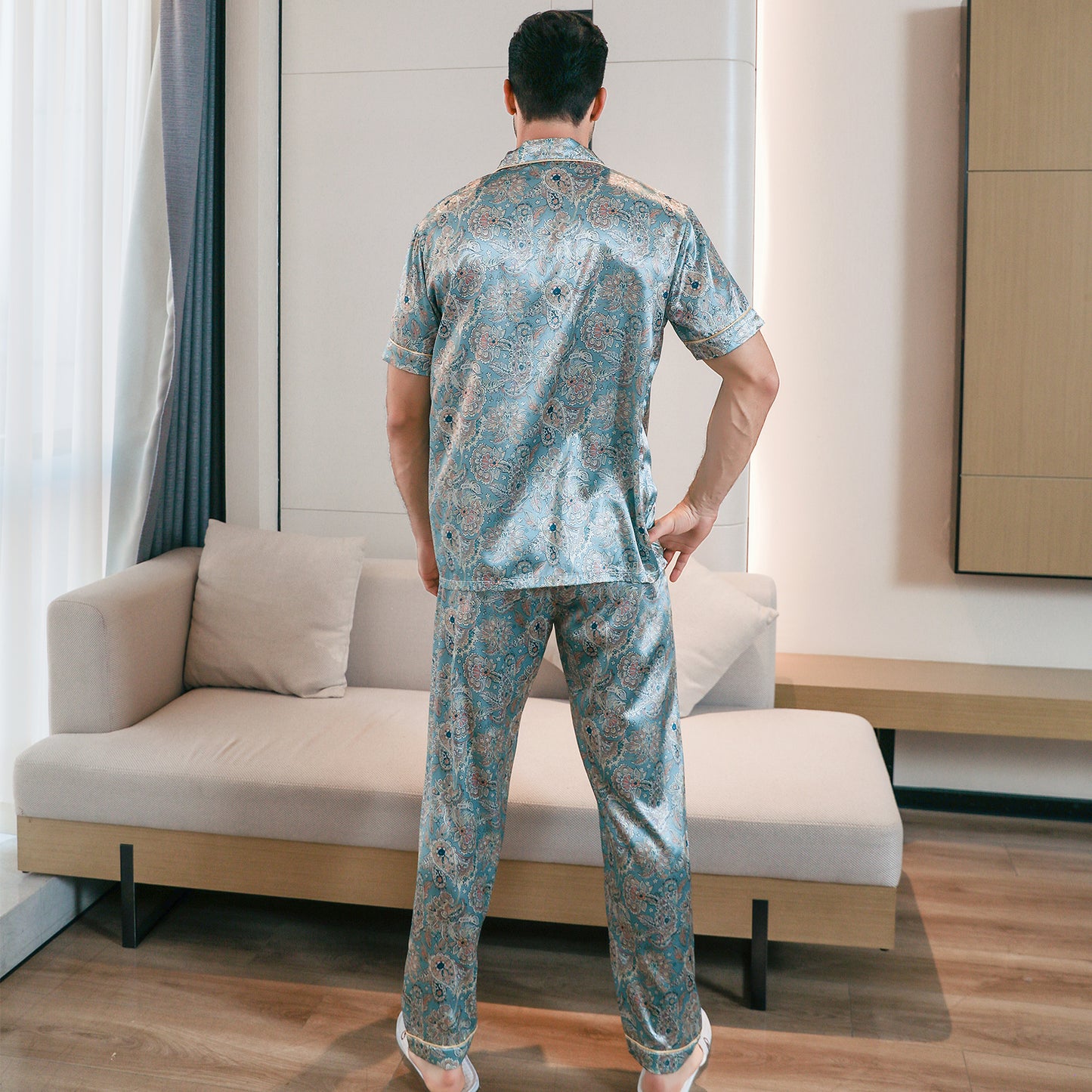 Men's Classic Silk Pajama Set Short Top & Long Pants Button Loungewear-KJ5054-M