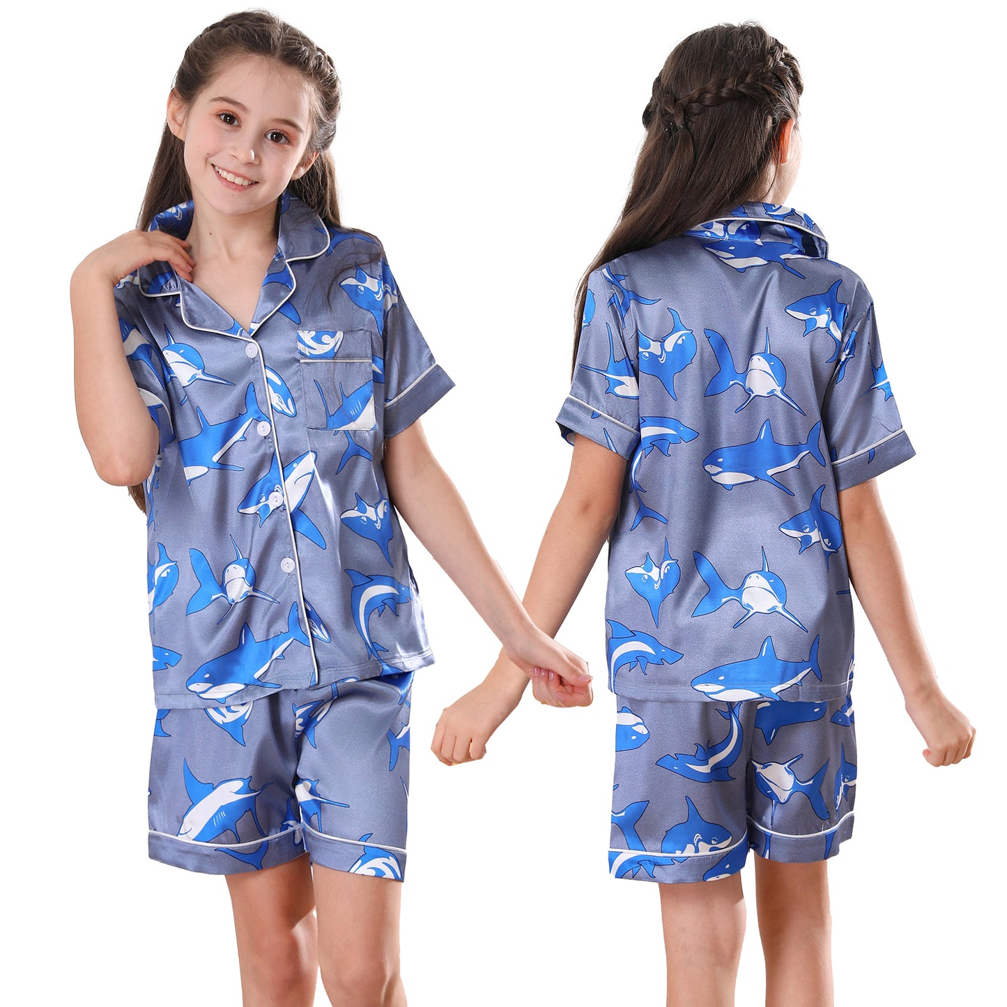 Girl's  Satin Pajama Set Short Top Classic Sleepwear with Short pants-KJ422T-130