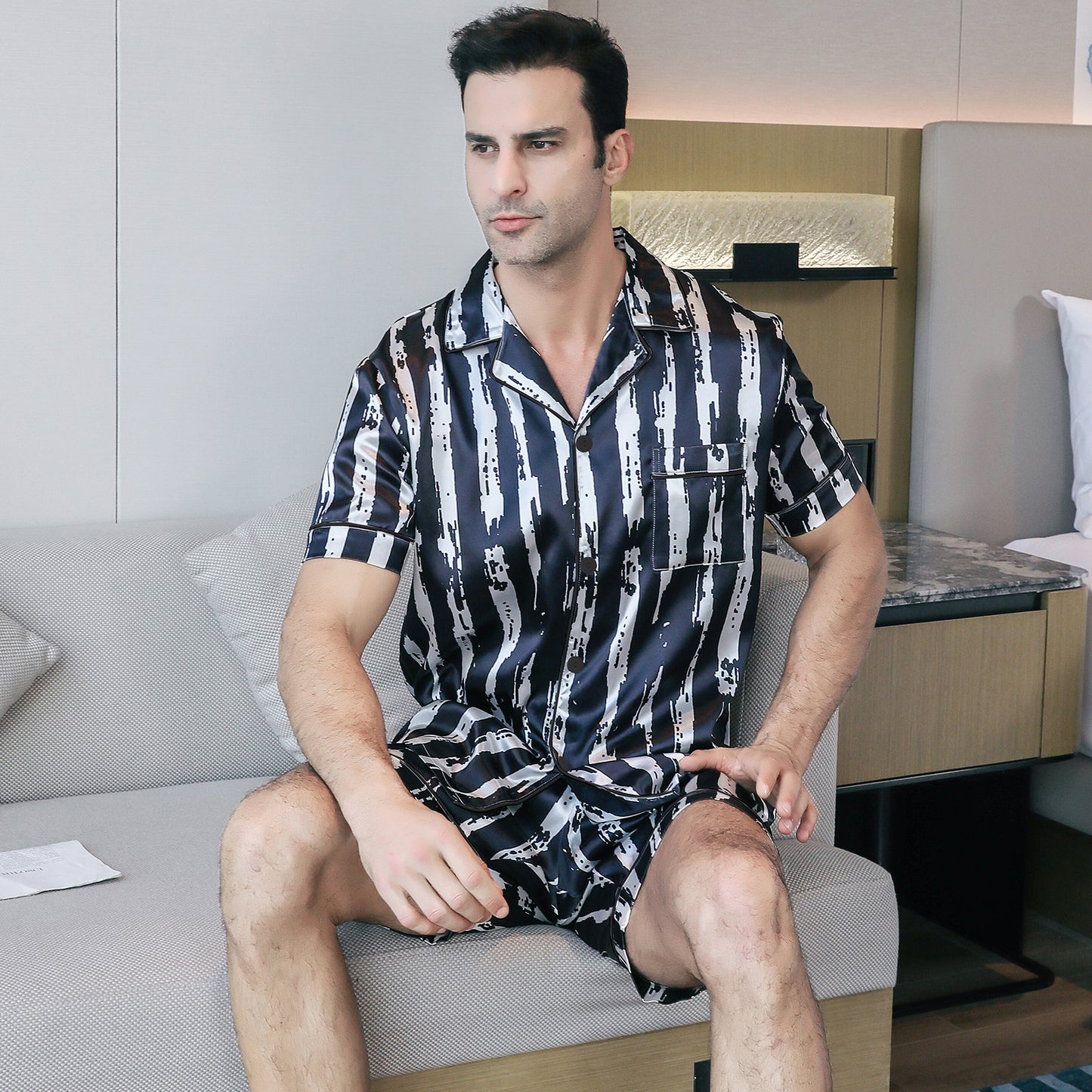 Mens Silky Pajamas Set Short Top & short pants Nightwear-KJ4009-M