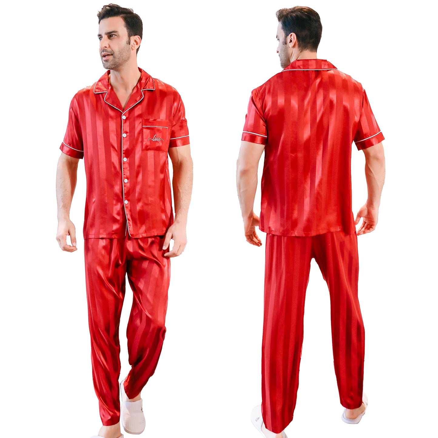 Mens Silky Pajamas Set Short Sleeve Top and Long pants Nightwear-KJ5005-M