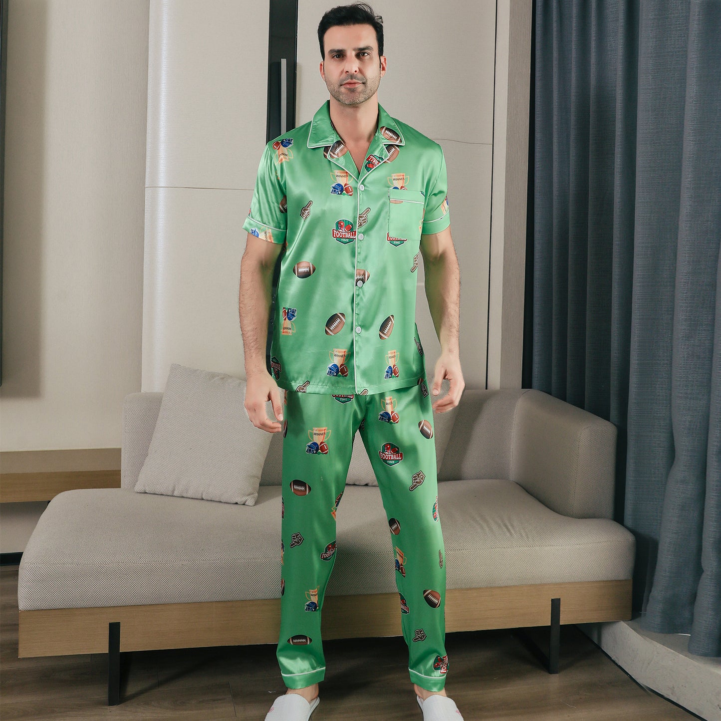 Men Satin Pajamas Set Short Sleeve & Long Pants Sleepwear with Pockets-KJ5042-M