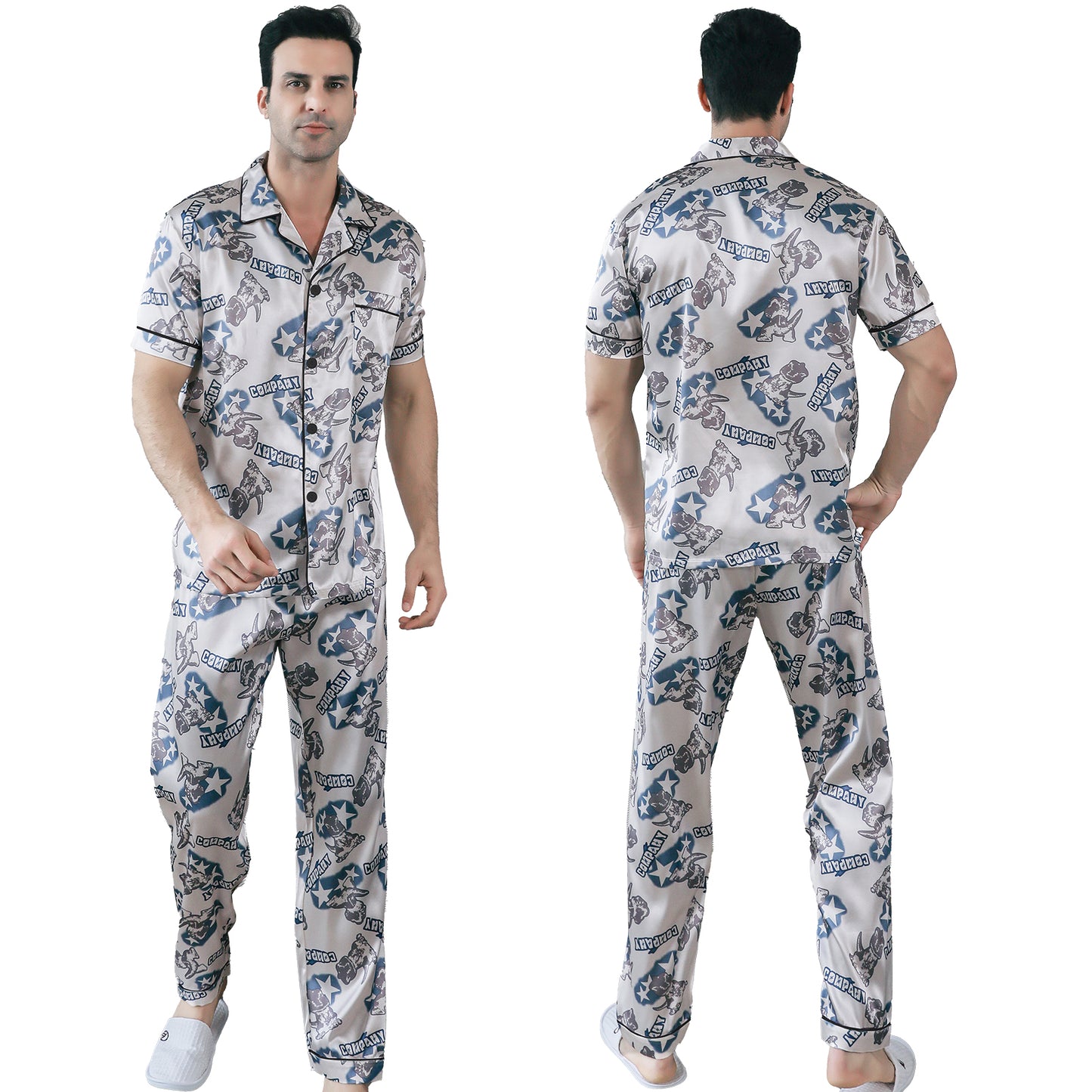 Men's Silky Satin Pajama Set Short Top Classic Sleepwear with Long Pants-KJ5020-M