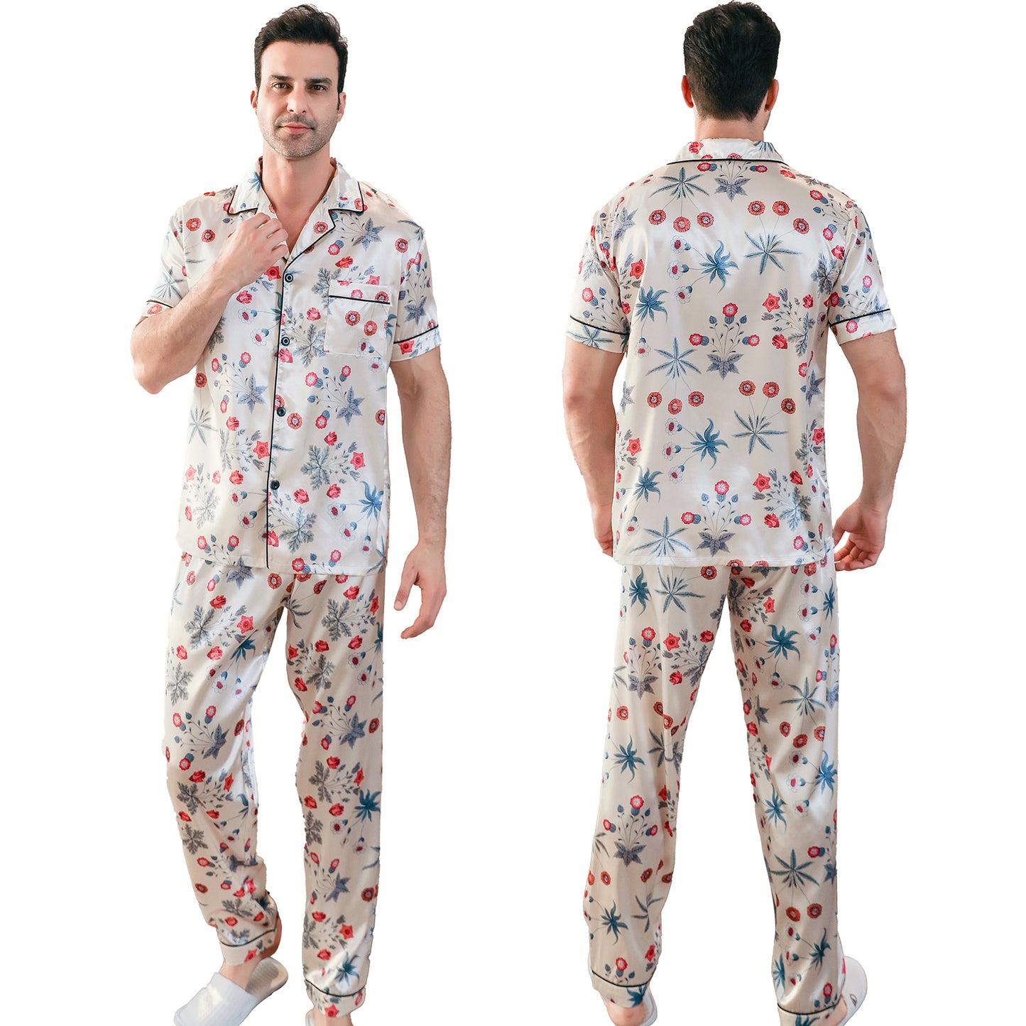 Men's Classic Silk Pajama Set Short Top & Long Pants Button Loungewear-KJ5051-M