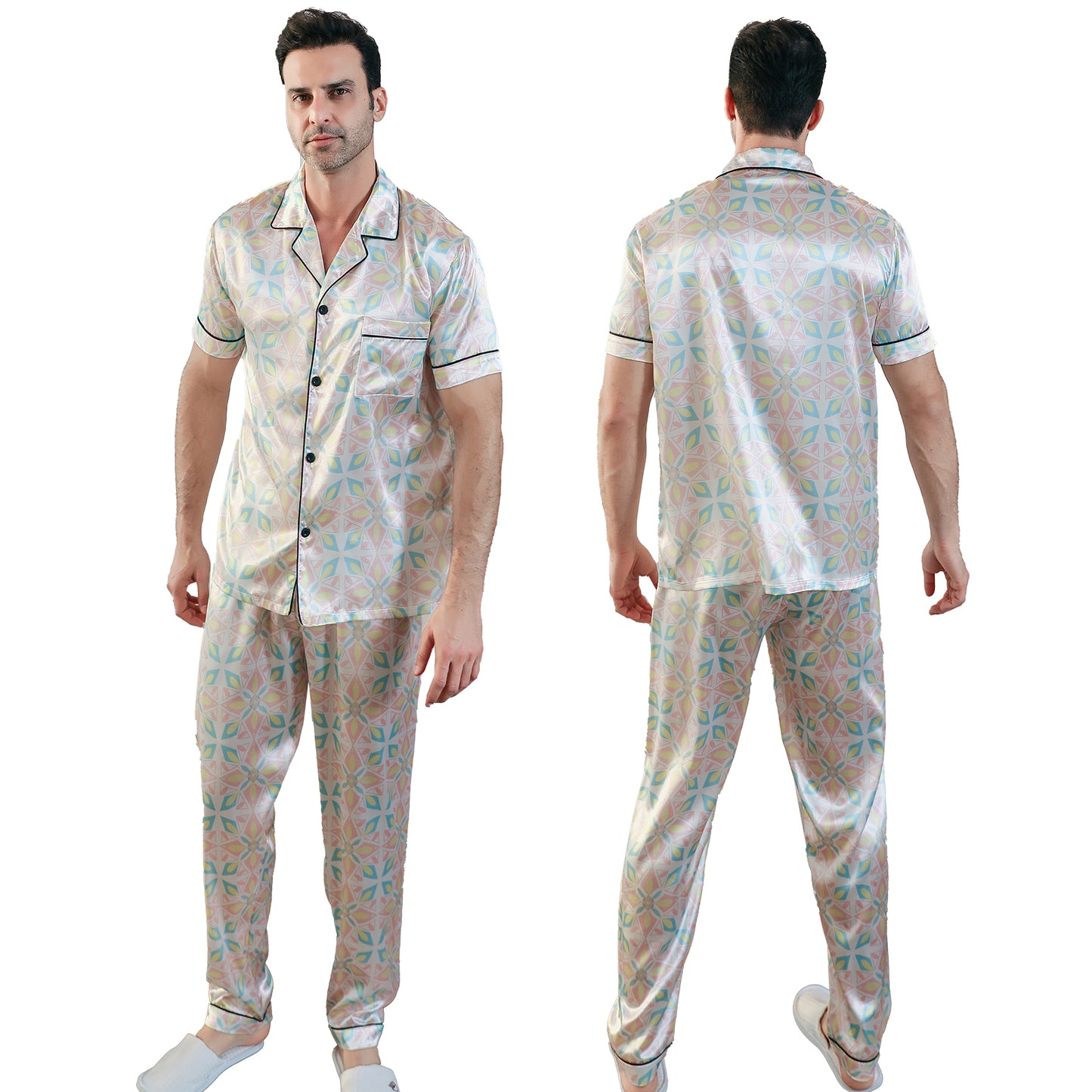 Men's Classic Silk Pajama Set Short Top & Long Pants Button Loungewear-KJ5050-M