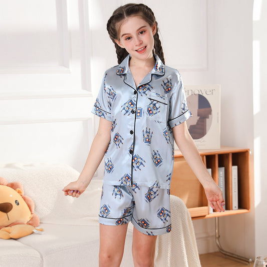 Girl's  Satin Pajama Set Short Top Classic Sleepwear with Short pants-KJ455T-130