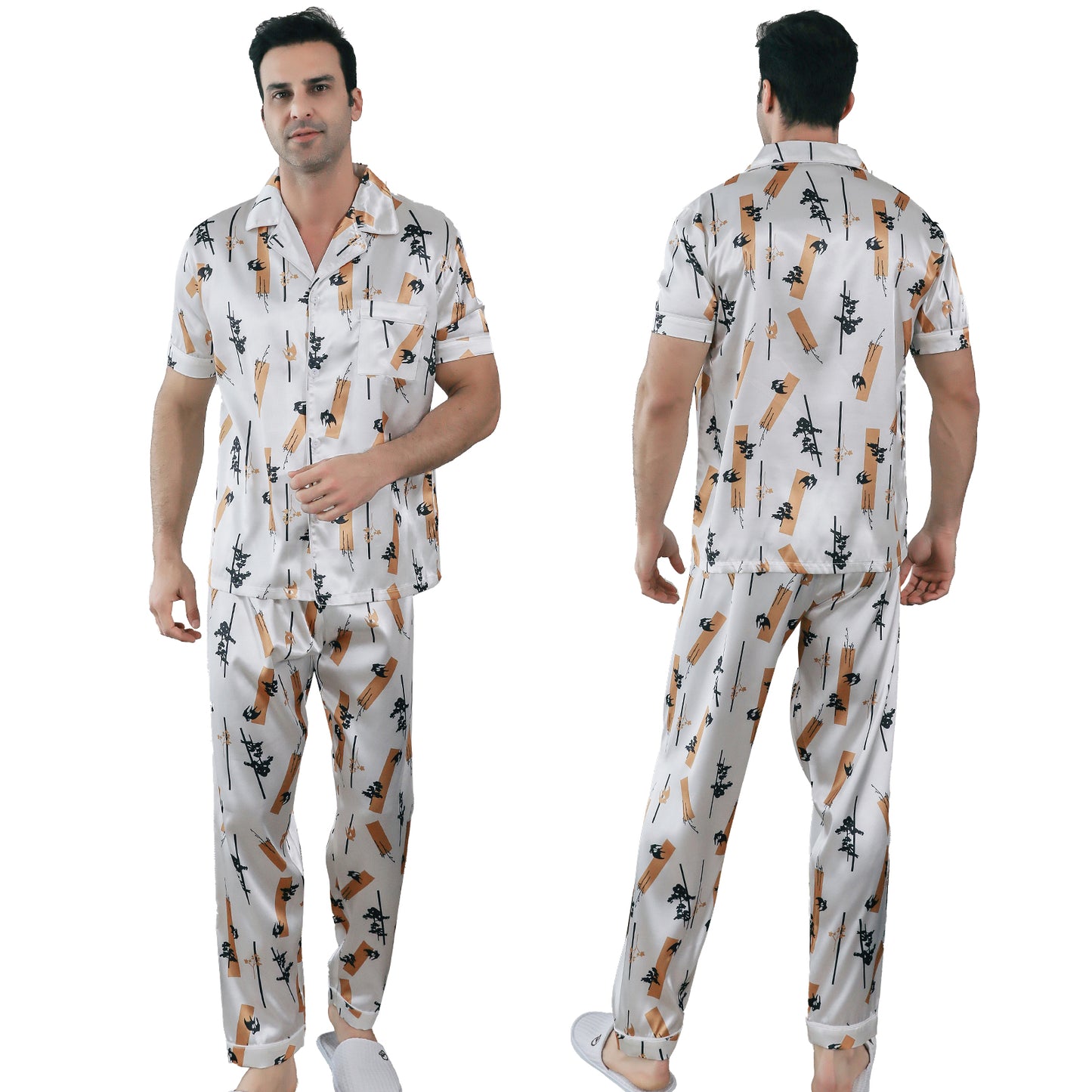 Mens Pajama Set Short Sleeve Sleepwear Silky Loungewear with Long Pants-KJ5025-M