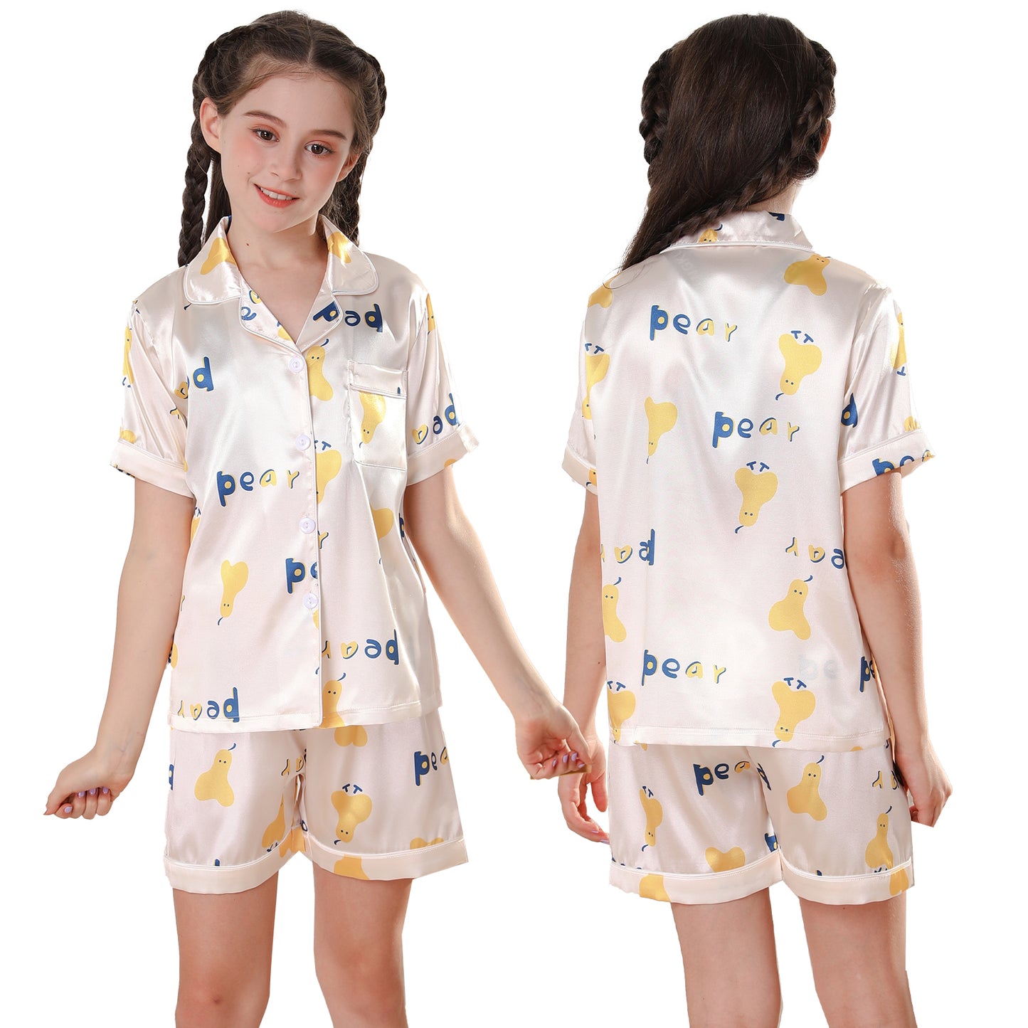 Girl's  Satin Pajama Set Short Top Classic Sleepwear with Short pants-KJ452T-130