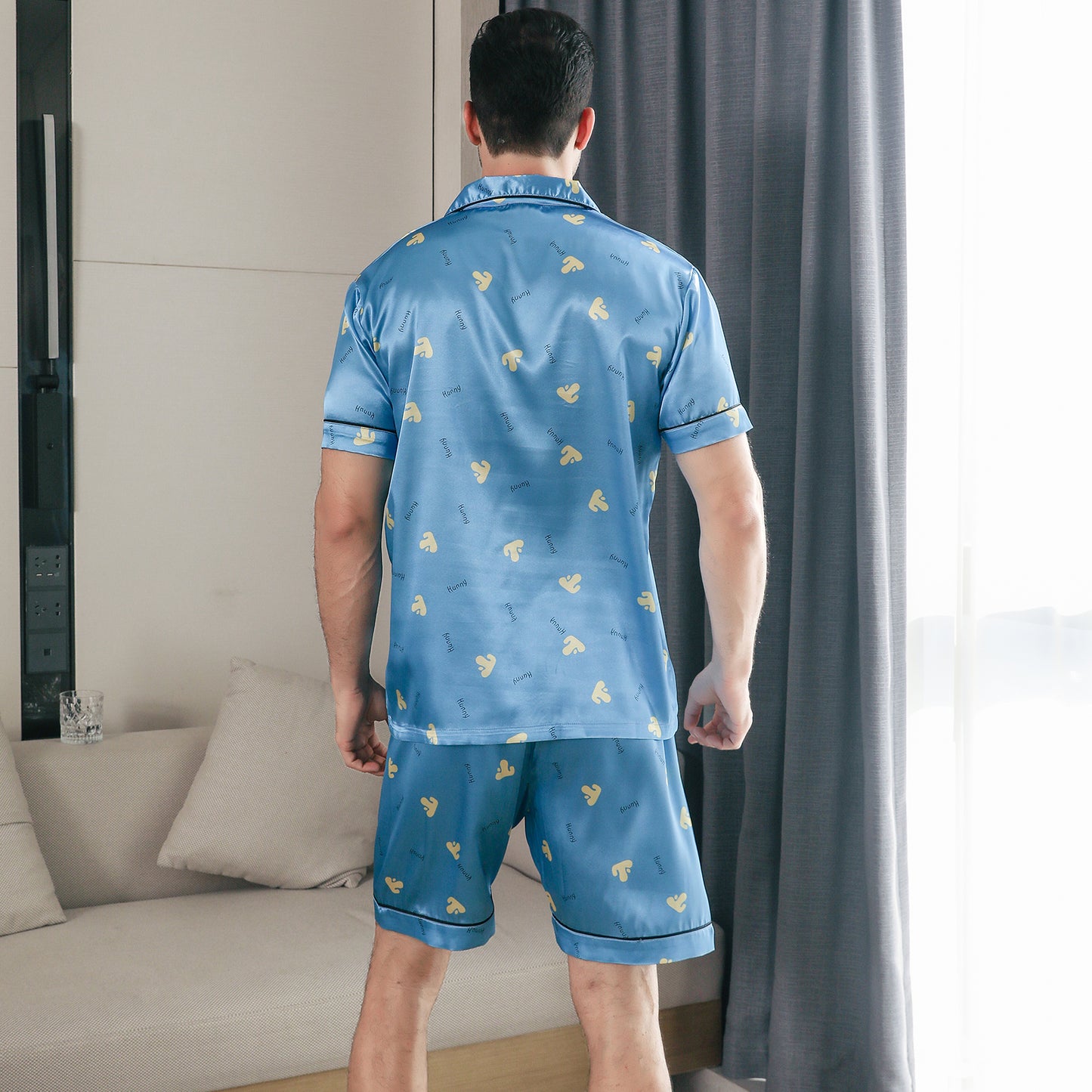 Men Satin Pajamas Set 3 Pieces multicolor Sleepwear with Pockets-KJ6033-M