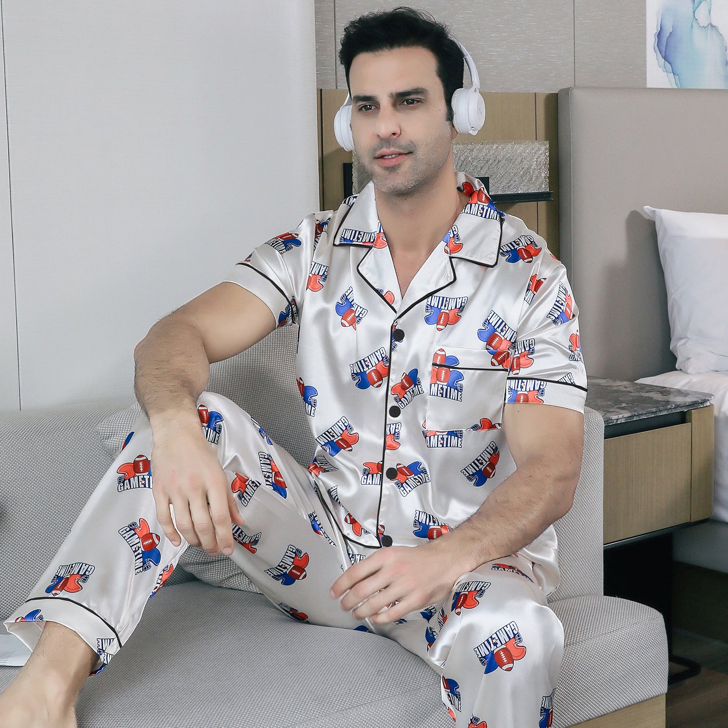 Men's Silky Satin Pajama Set Short Top Classic Sleepwear with Long Pants-KJ5019-M