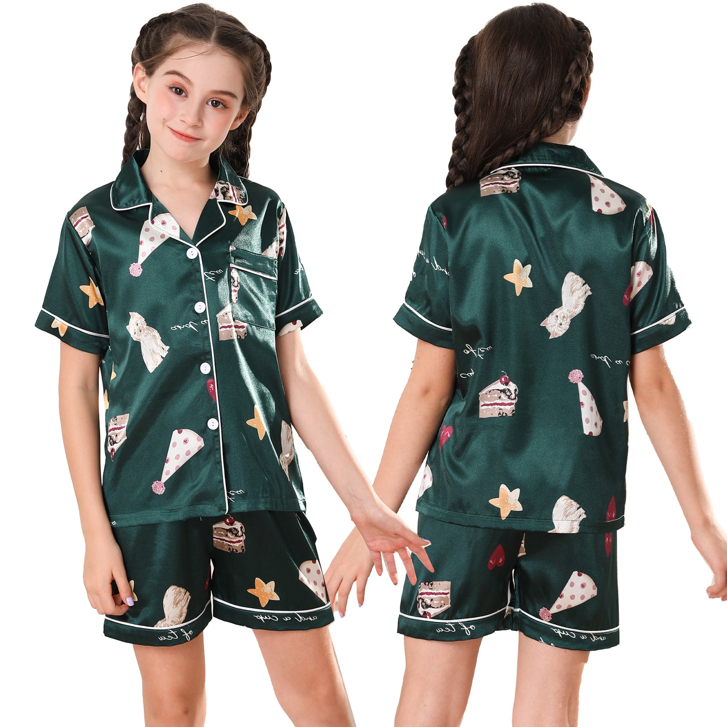 Girl's  Satin Pajama Set Short Top Classic Sleepwear with Short pants-KJ450T-130