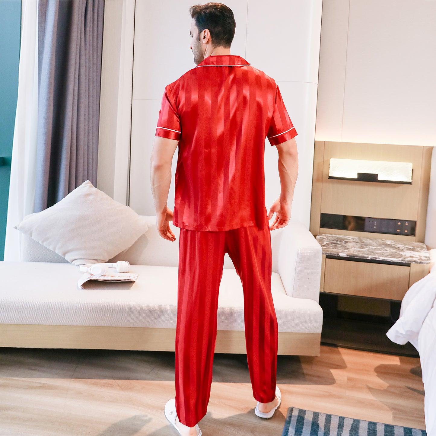 Mens Silky Pajamas Set Short Sleeve Top and Long pants Nightwear-KJ5005-M