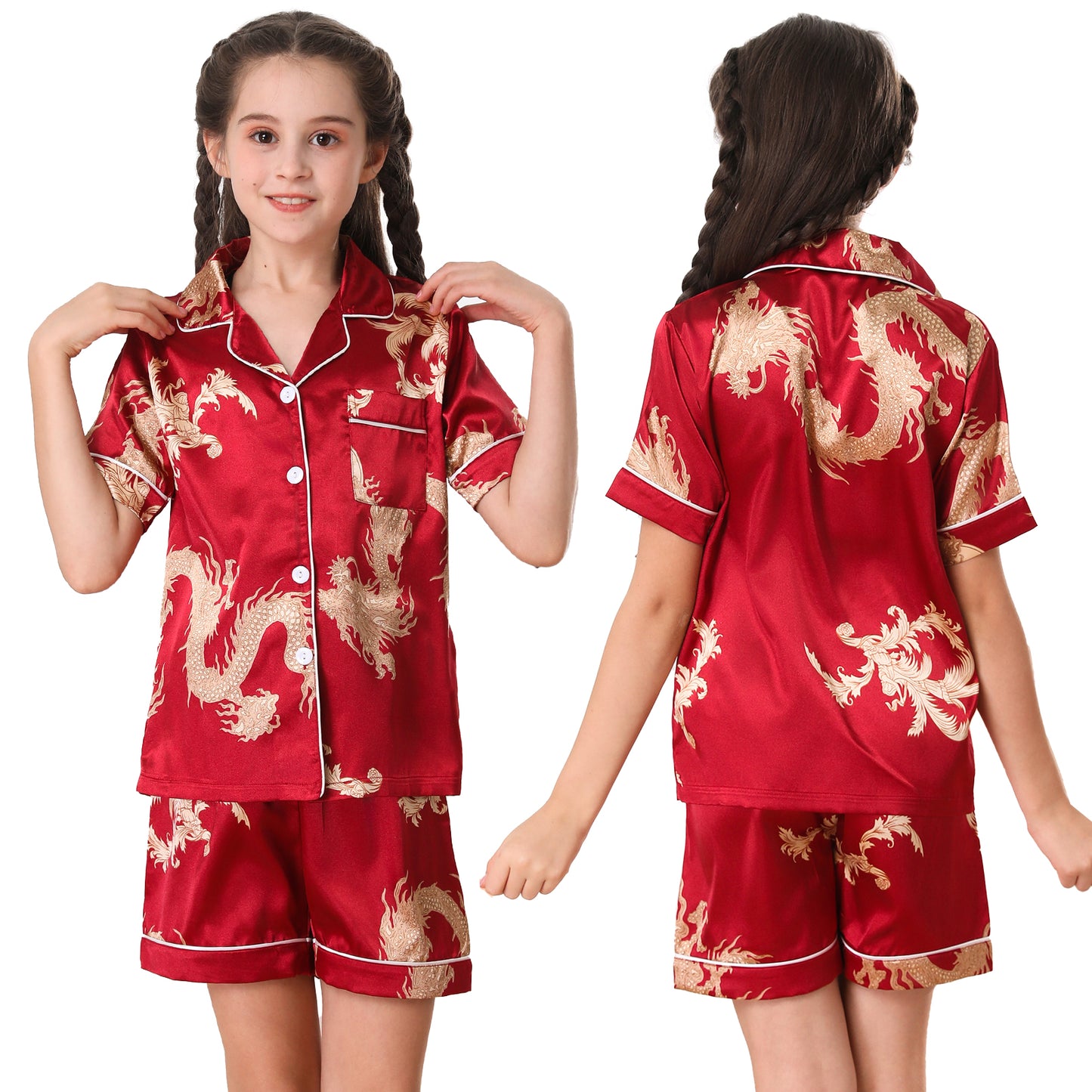 Girl's  Satin Pajama Set Short Top Classic Sleepwear with Short pants-KJ410T-130