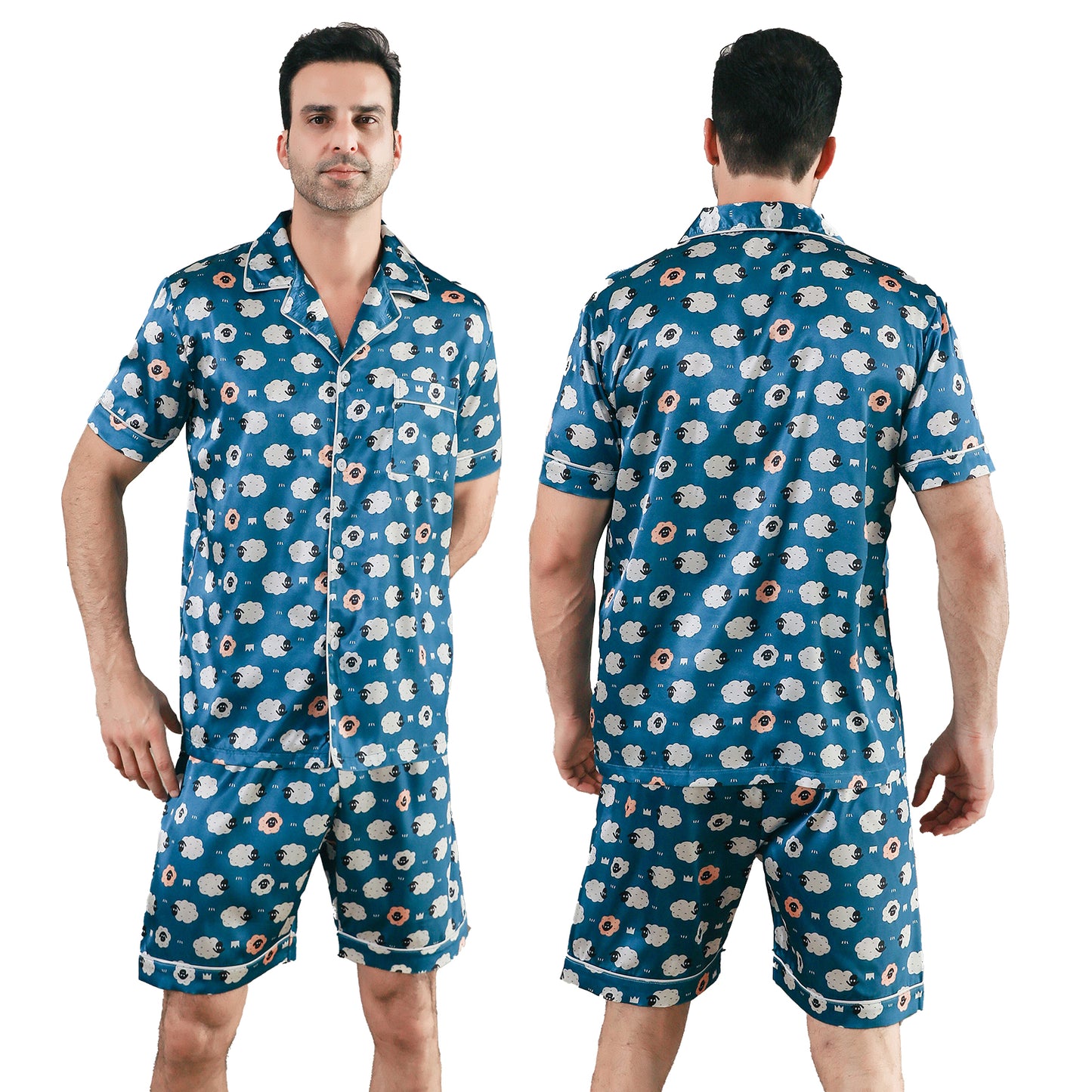 Men Satin Pajamas Set Short Sleeve & short Pants Sleepwear with Pockets-KJ4043-M