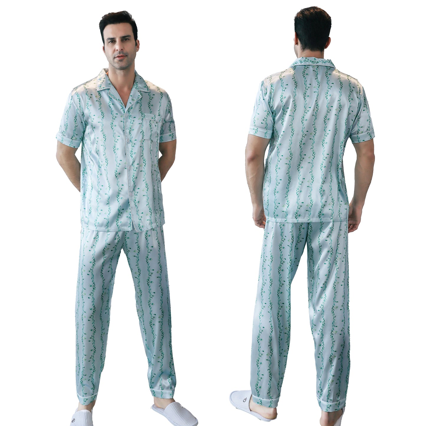 Men's Silky Satin Pajama Set Short Top Classic Sleepwear with Long Pants-KJ5012-M