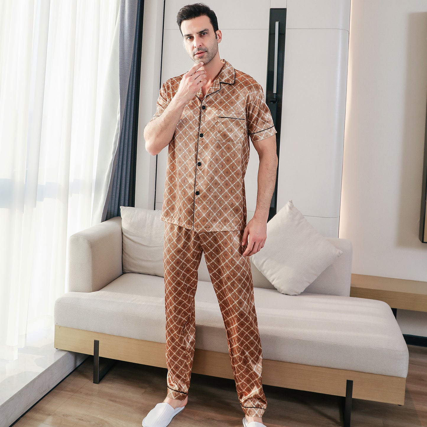 Men's Classic Silk Pajama Set Short Top & Long Pants Button Loungewear-KJ5046-M