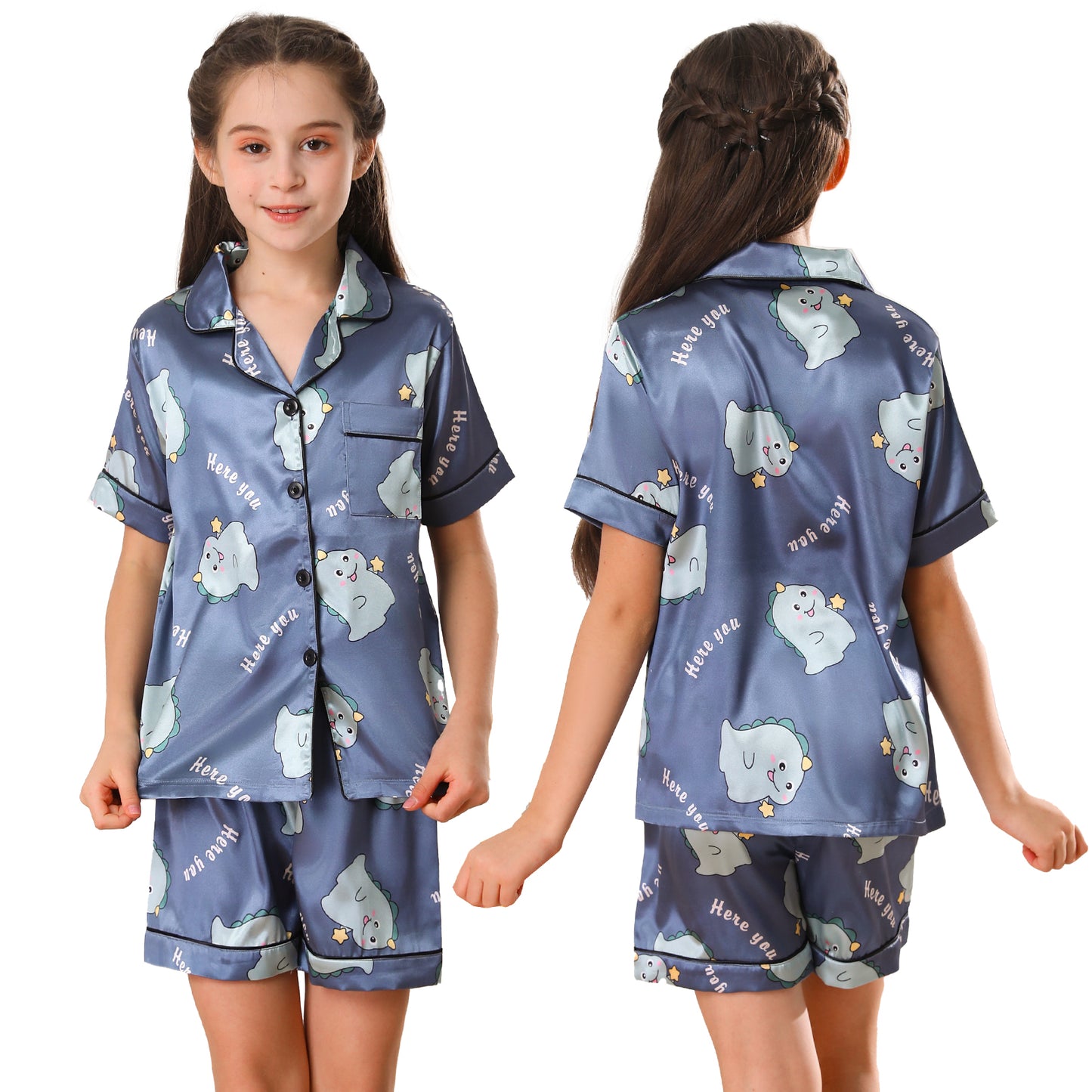 Girl's  Satin Pajama Set Short Top Classic Sleepwear with Short pants-KJ423T-130